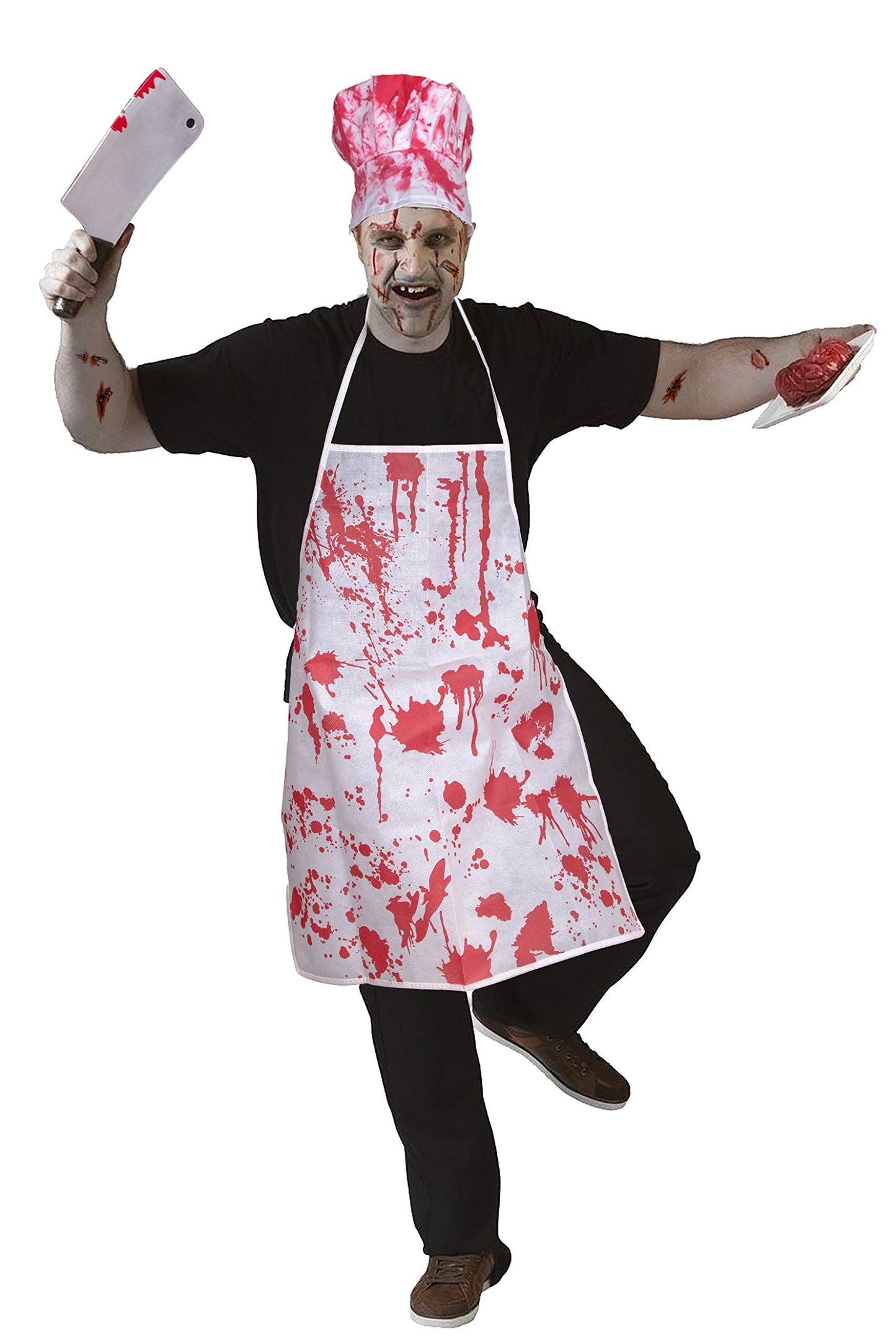 13Pieces Halloween Bloody Butcher Costumes Scary Set - Cooking Chef Apron Hat Weapon Knife Tattoo Stickers Zombie Party Accessories Decorations