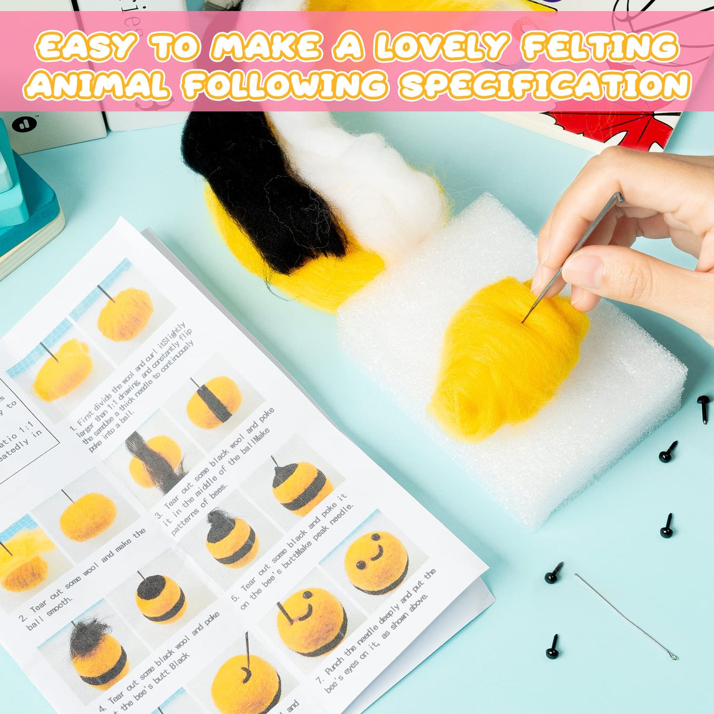 Set of 4 Cute Animal Needle Felting Starter Kit Frog Chick Bee Narwhal Animal Doll Wool Felting Tools Felt Needles Foam Mat DIY Needlework Craft Party Supplies for Beginners Adults