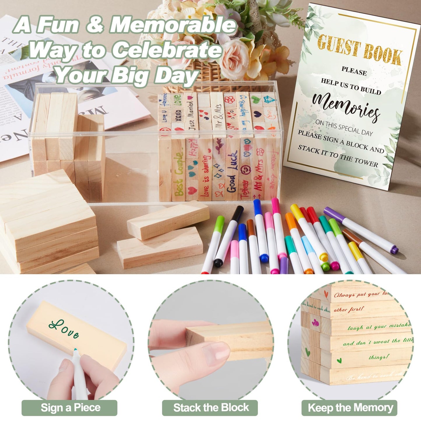 80 Pcs Wedding Guest Book Alternative Wooden Block Guest Book for Wedding Sign in Bridal Shower Decoration Wooden Block Bridal Shower Game for Sign in, Reception(Greenery)