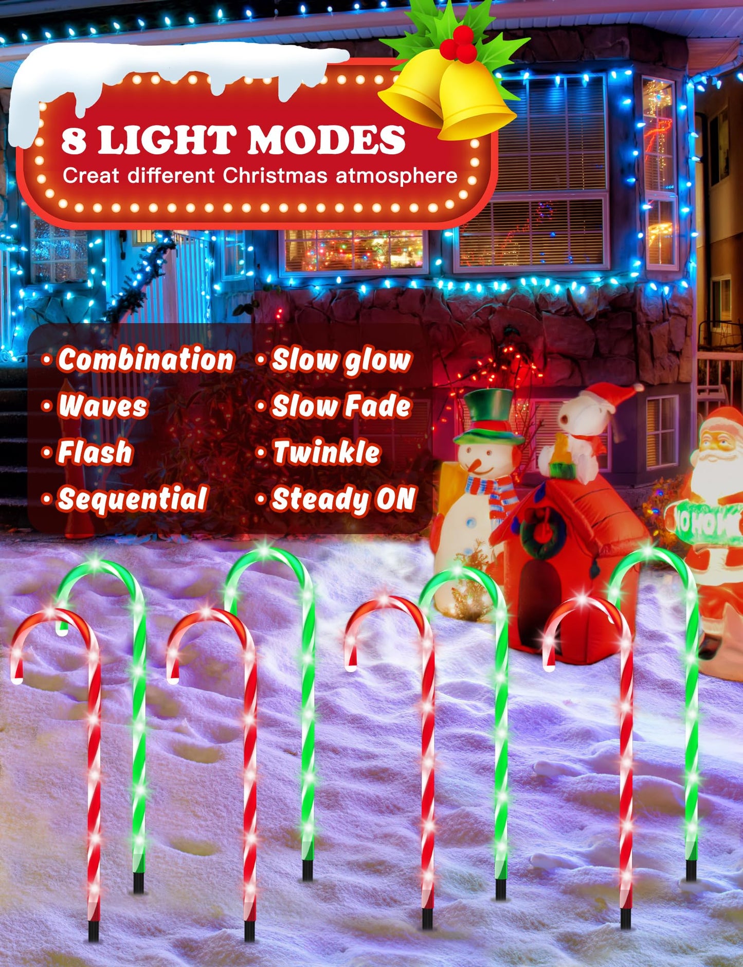 Solar Christmas Pathway Lights Outdoor Decorations, Solar Candy Cane Lights for Yard Patio Garden Walkway with 8 Light Mode, Remote, Timer, 48 LED, Upgraded Christmas Outdoor Decorations, 8 Pack