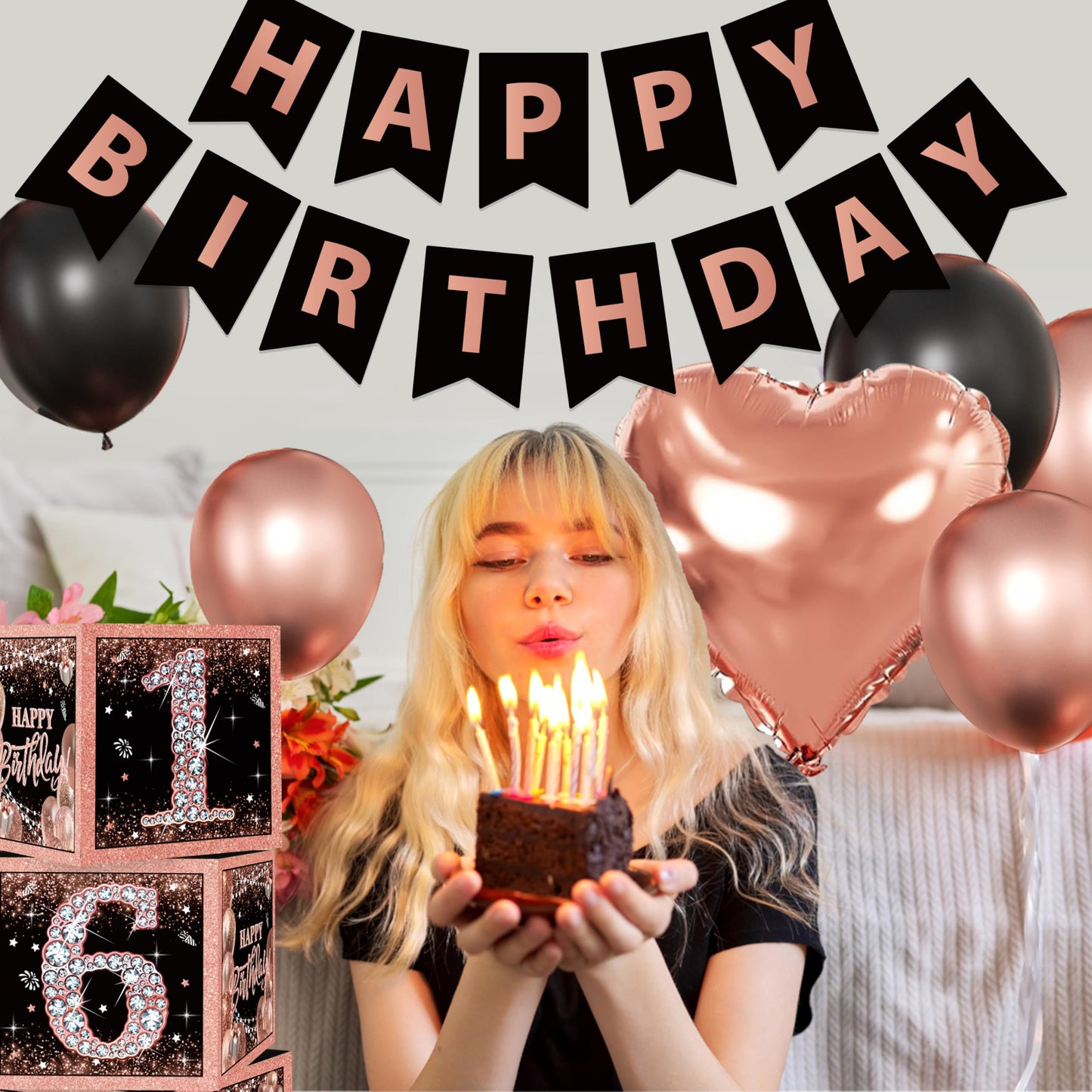 Rose Gold Sweet 16 Birthday Decorations for Girls - Sweet Sixteen Party Supplies Include 3pcs Balloon Boxes, Number 16 Foil Balloons, Fringe Curtains, Black Pink Garland Arch Kit - Photo Props