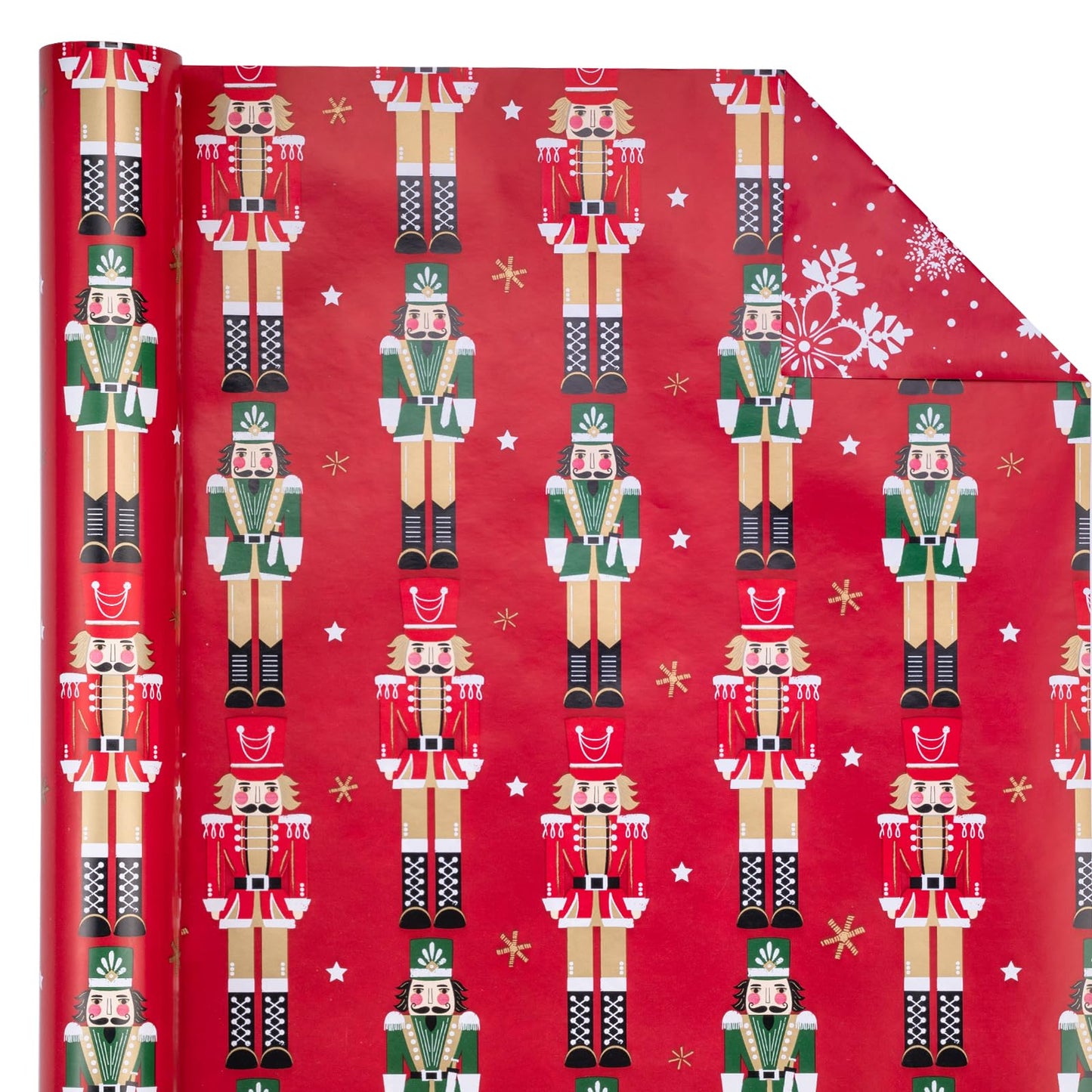 30 Inch Jumbo Reversible Nutcracker Christmas Wrapping Paper - 30 Inch x 33 Feet - Red Nutcracker and Snowflake Wrapping Paper for Christmas, Holiday, Party