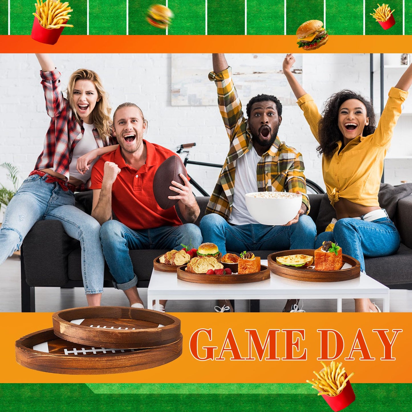 3 Pcs Football Serving Trays and Platters Wooden Shaped Football Plates Soccer Serveware Tailgate Party Serving Platter for Game Party Decorations, 13'', 11'', 8.7''