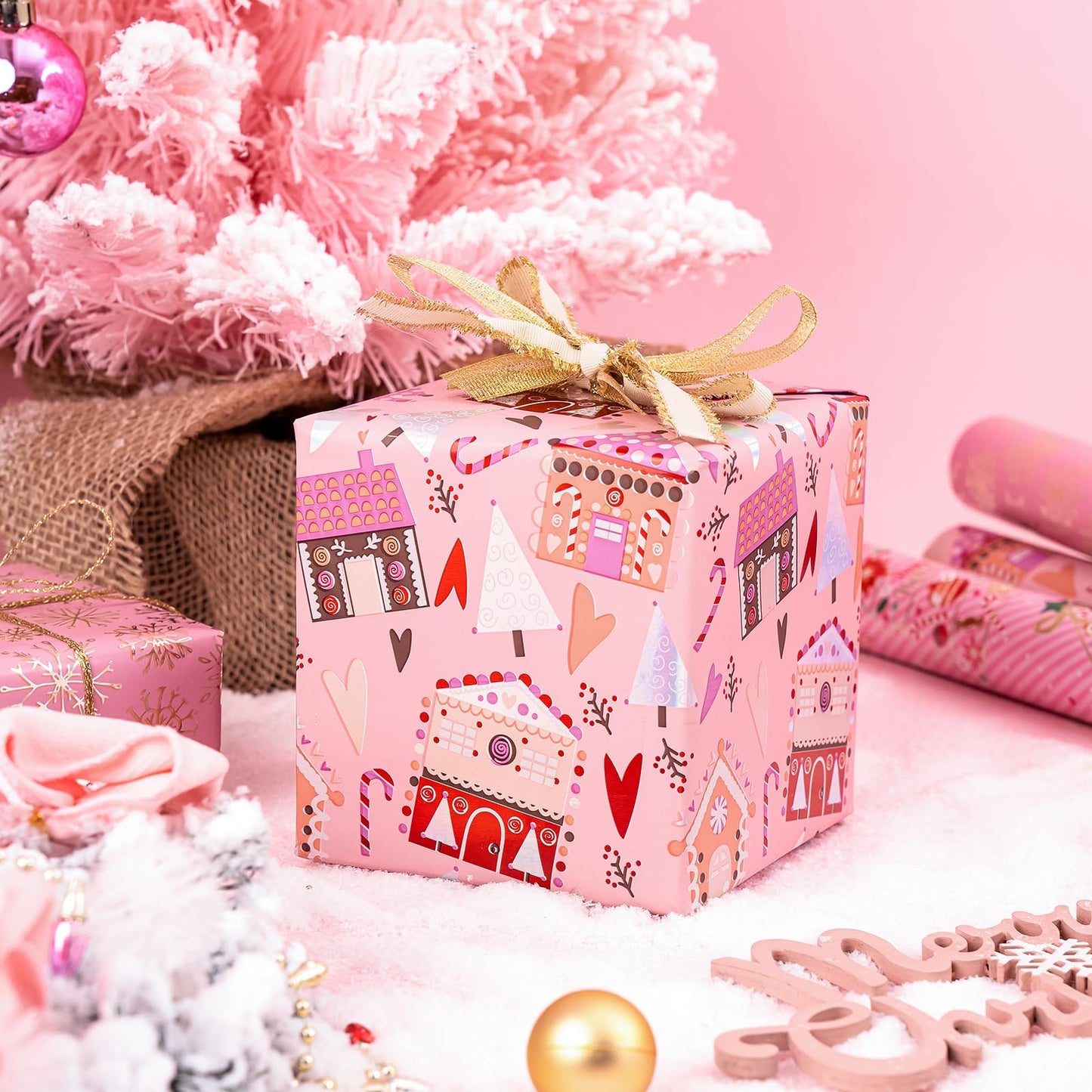 Christmas Wrapping Paper Roll - Mini Roll - 3 Rolls - 17 Inch X 120 Inch Per Roll - Pink Christmas tree, House, Snowflake Holiday Collection