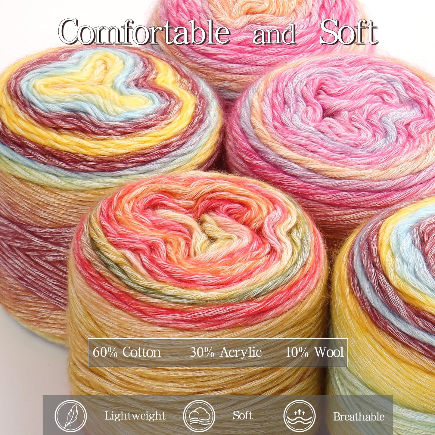 Katech Ombré Yarn for Crocheting-Gradient Cake Yarn-4x100g 60% Cotton 30% Acrylic 10% Wool-Ombre Multicolor Soft Rainbow Cotton Crochet Yarn for Scarves, Shawls, Blankets and Garments(J)