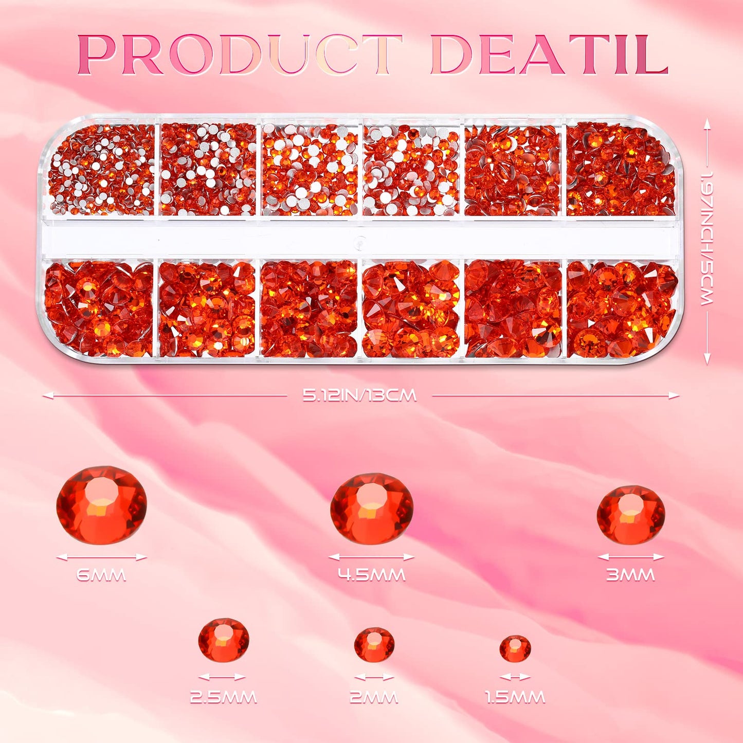 2000 Pieces Flat Back Gems Rhinestones 6 Sizes (1.5-6 Mm) Round Crystal Rhinestones with Pick up Tweezer and Rhinestones Picking Pen for Crafts Nail Clothes Shoes Bags DIY Art (Orange)