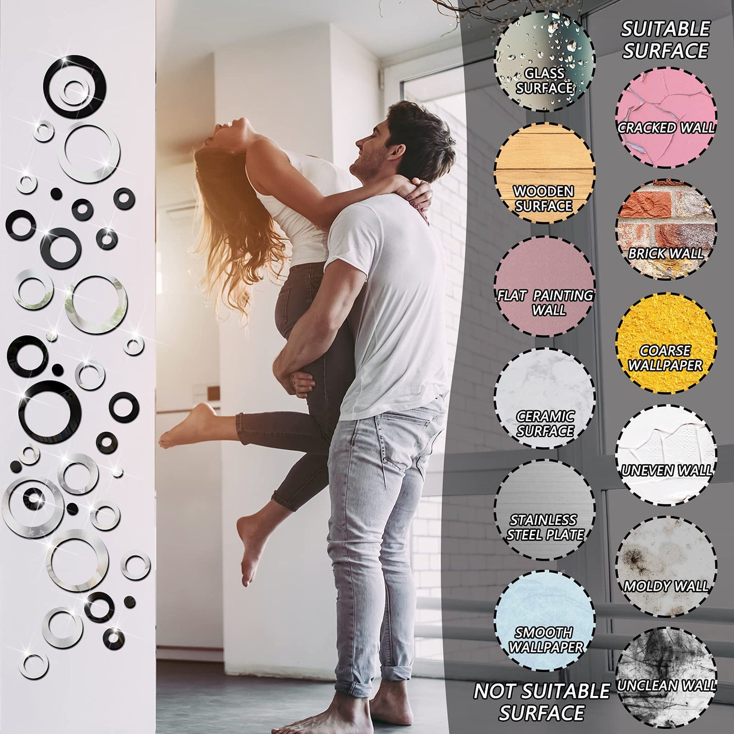 Outus 72 Pieces Wall Stickers Acrylic Circle Mirror Removable Round Dots Mirror Wall Decoration Wall Decals Murals for Home Living Room Bedroom Decor(Silver, Black)