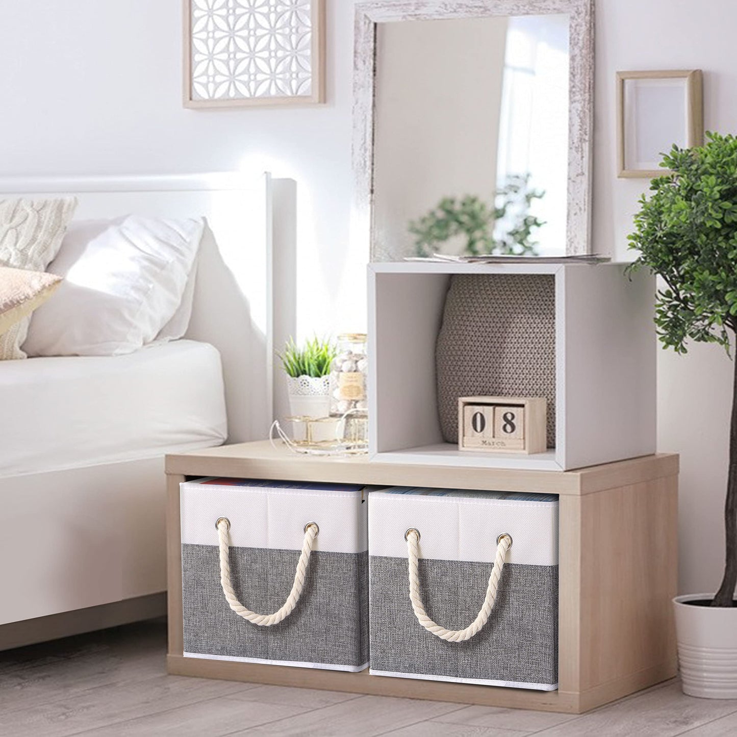 Yawinhe Foldable Storage Basket 1-Pack, Large Fabric Storage Bins with Rope Handle, Used for Organizing Shelves, Closets, Clothes Storage Box, 12.99''Lx9.05''Wx7.87''H, White/Grey