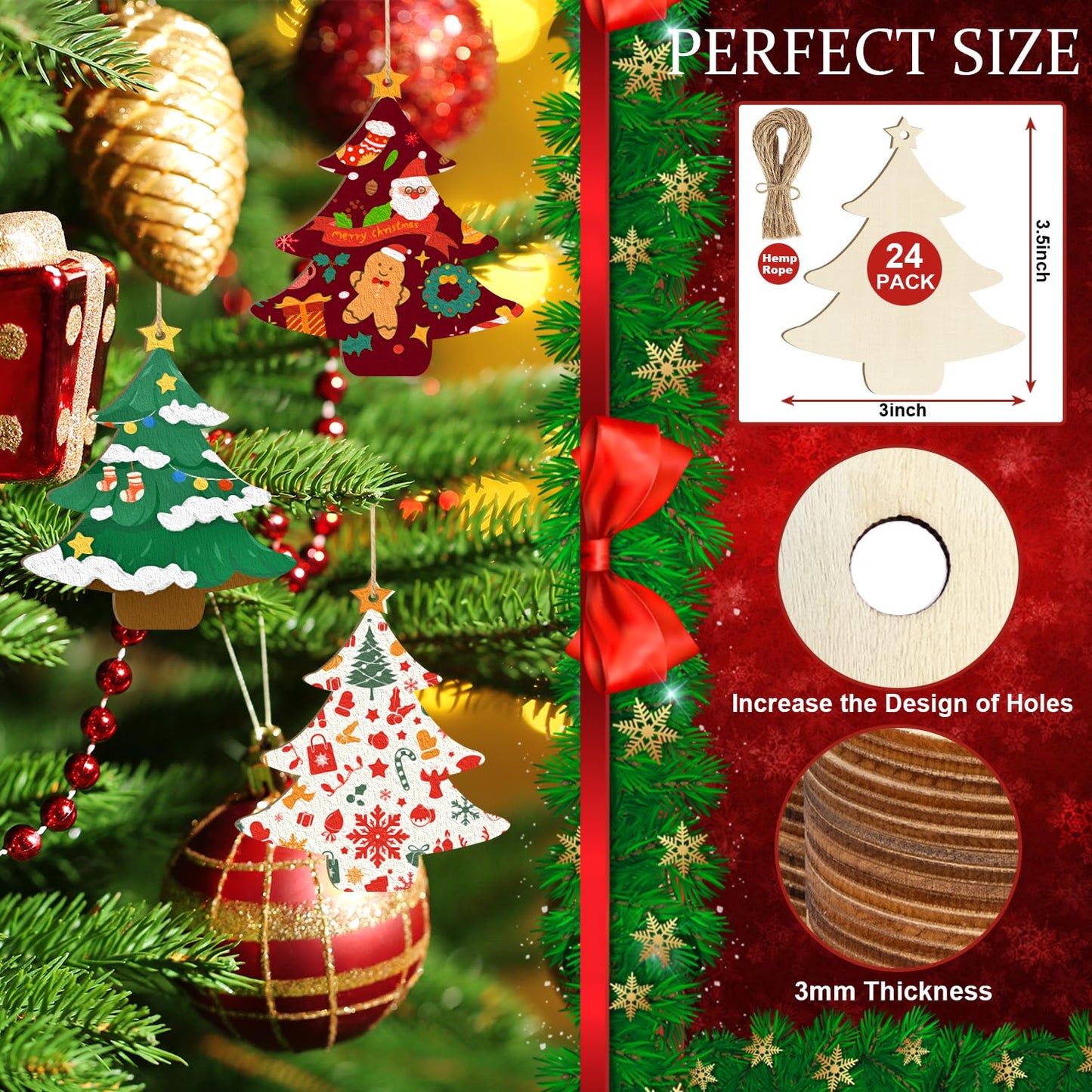 Wooden Christmas Tree Ornaments to Paint Christmas Thanksgiving Decoration Cutouts Unfinished 24PCS 3.5 x 3 inches, DIY Blank Unfinished Christmastree Wood Discs Ornament for Home Crafts Hanging
