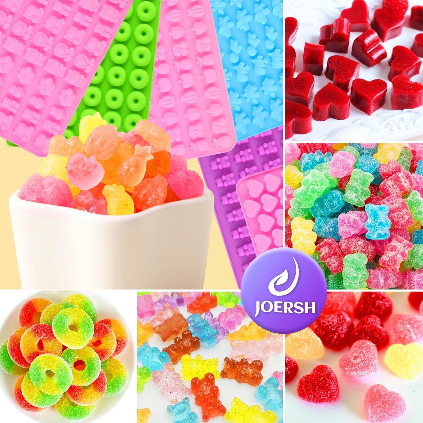 JOERSH Gummy Bear Molds Silicone 62PCS Set, Nonstick Candy Mold 18 Shapes for 327 Candies Including Dinosaur Fruit Animals Shaped, With 4 Droppers, Clean Brush, Storage Box, 50 Wrappers