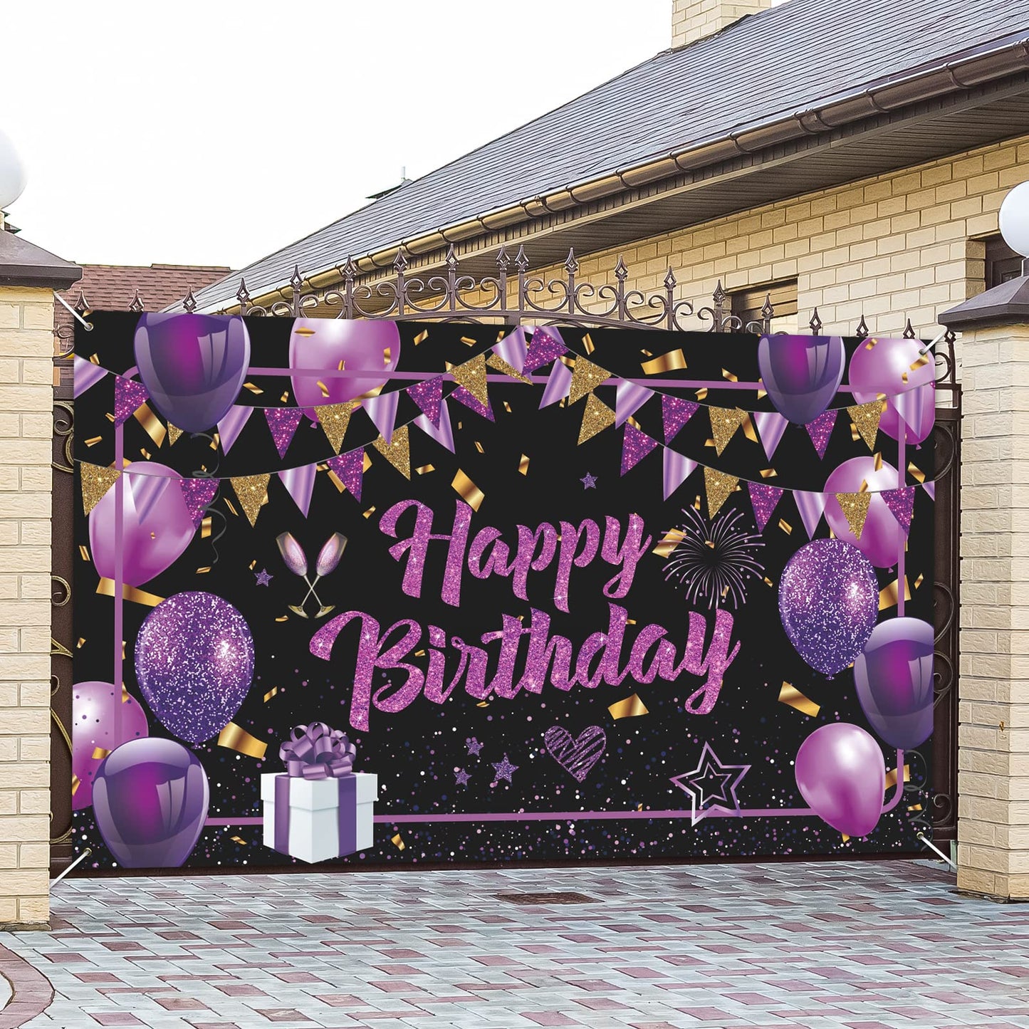 Purple Happy Birthday Banner Purple Black Gold Birthday Party Decorations Large Purple Birthday Sign Shiny Purple Black Birthday Backdrop Photo Booth Background for Women Girls 71 x 44Inch