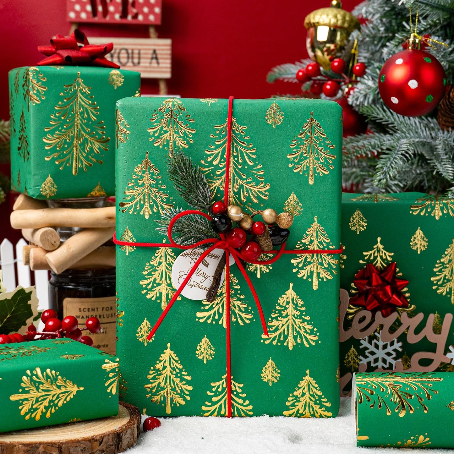 Kraft Christmas Wrapping Paper, Green 3D Embossed Gold Foil Christmas Pine Tree with Woodlands Wrap Paper for Holiday, Party,Celebration, New Year (17 Inch X 32.8 Feet)