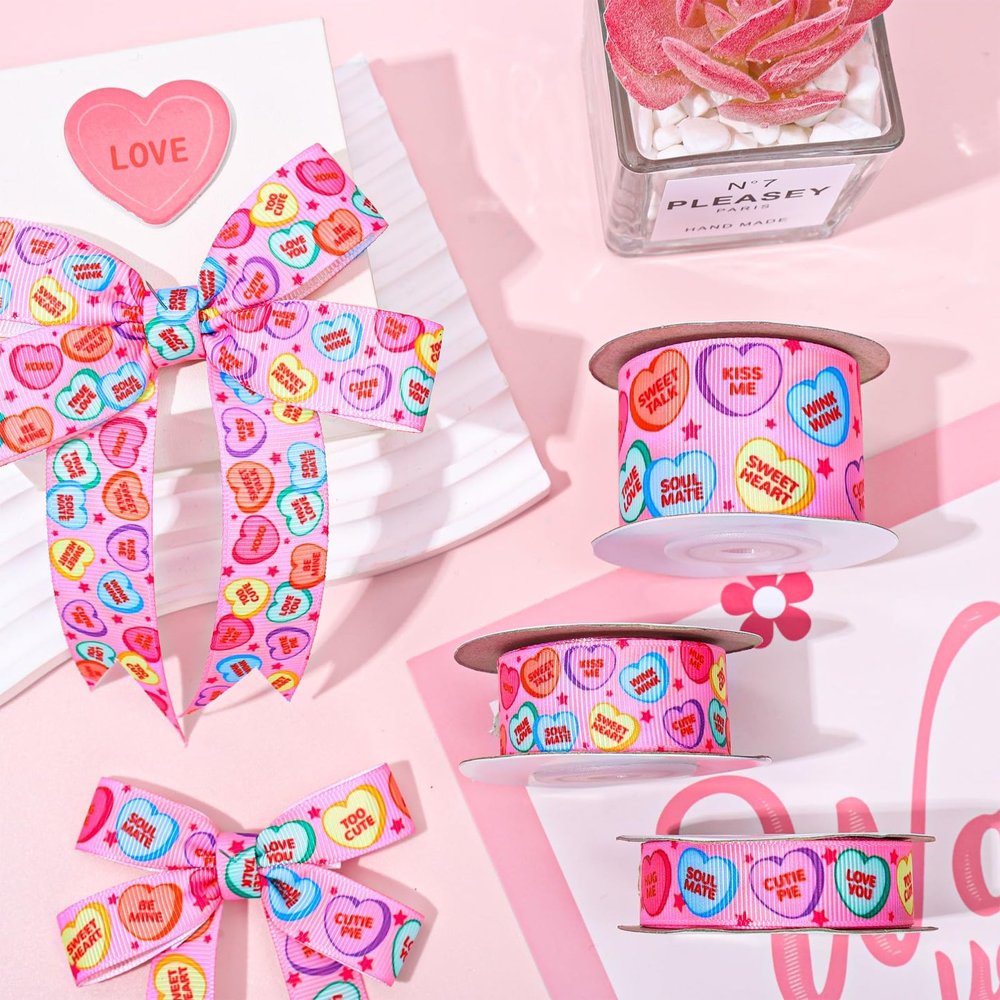 3 Rolls Valentine's Day Grosgrain Ribbon Conversation Heart Grosgrain Ribbon Candy Heart Craft Ribbon for Gift Wrapping Floral Arrangement Wreath Bow DIY Crafts Decor, 15 Yards