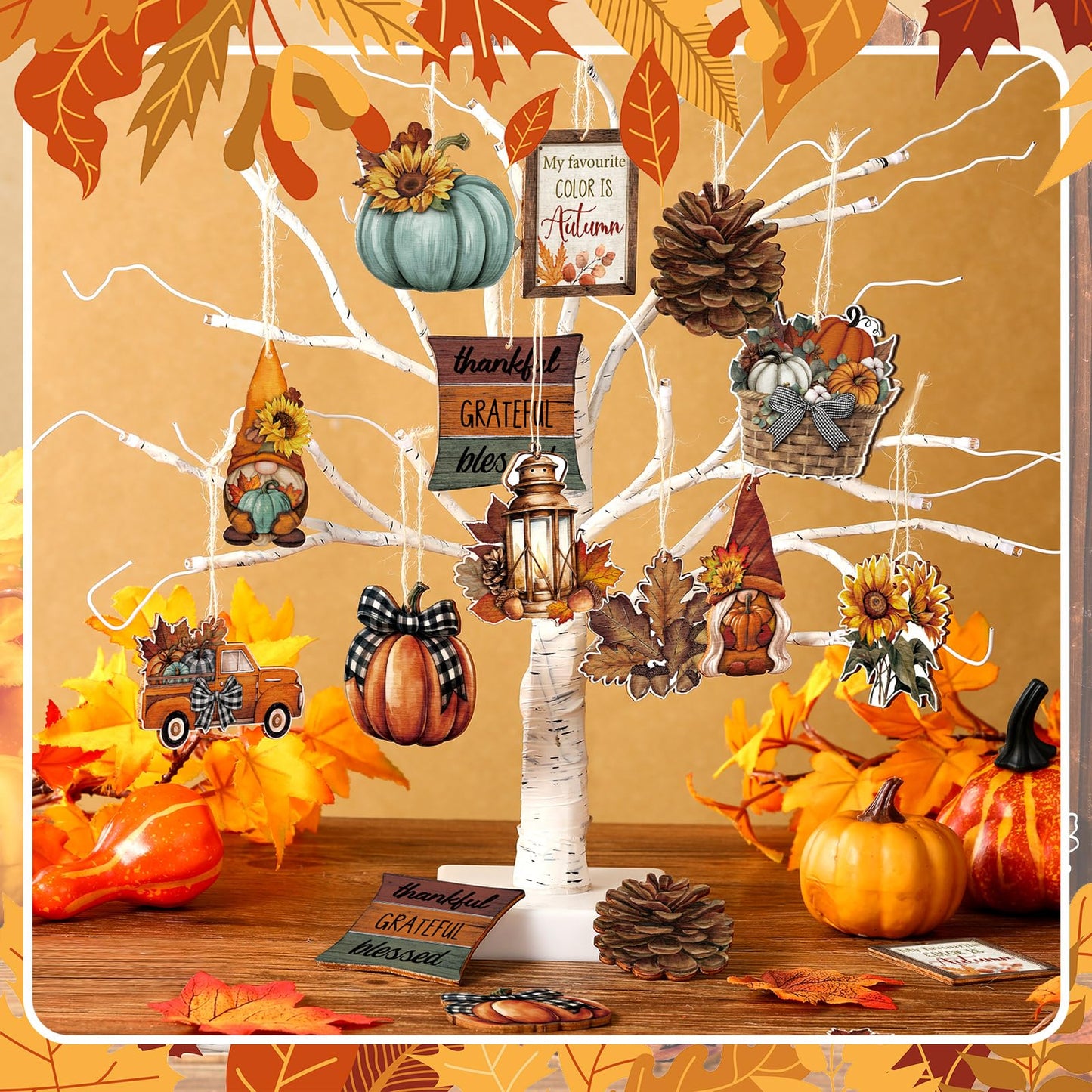 FairySandy 36 Pcs Fall Tree Decorations Thanksgiving Gnomes Ornaments for Tree Wooden Hanging Ornaments Pumpkins Leaves Flowers Cutouts Autumn Decorations for Holiday Party Supply(Classic Style)