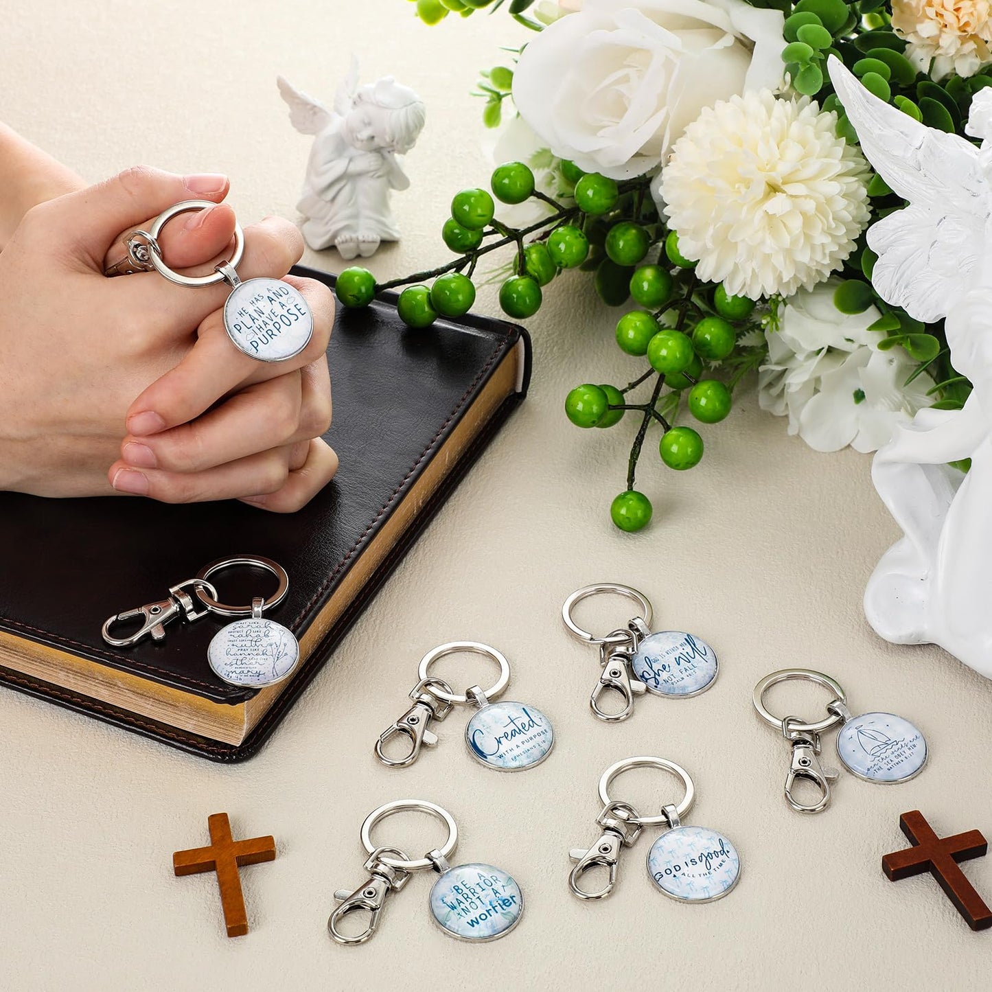 Fumete Mothers Day Gift for Women Bulk Keychain Bible Verse Religious Keychain Scripture Inspirational Gift for Church Member(20 Pcs,Blue White Watercolor)