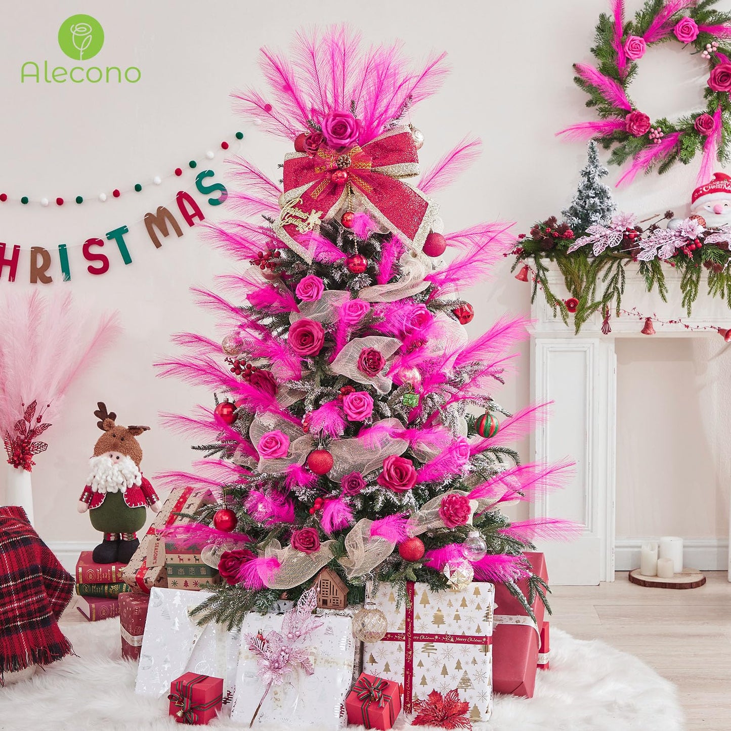 Alecono Hot Pink Pampas Grass 17in 𝟯𝟬𝙋𝙘𝙨, Artificial Faux Fluffy Pampas Grass Decor for Home Wedding Centerpieces Party