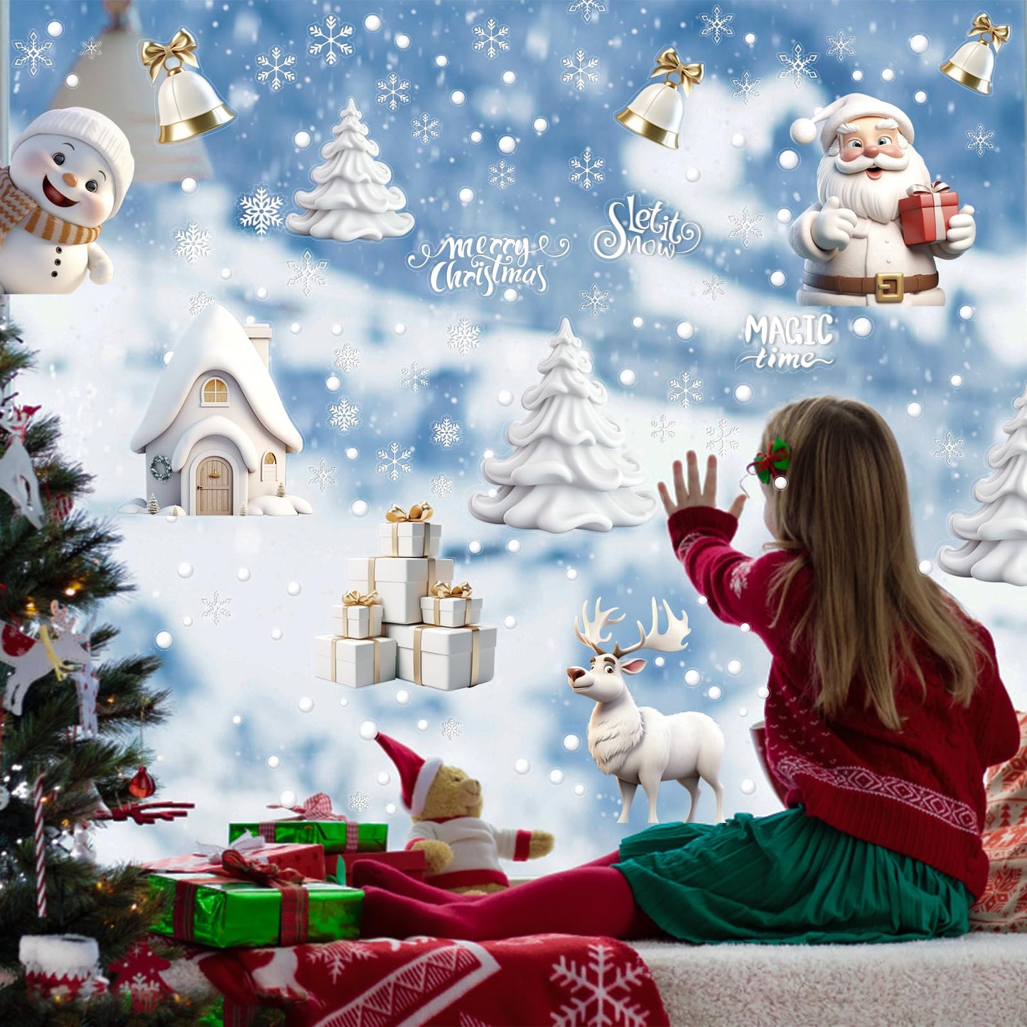 CCINEE 180pcs Christmas Window Clings，Xmas Large Window Static Stickers Snowman Santa Snowflake Reindeer Decals for Xmas Party Decorations（8 Sheets）