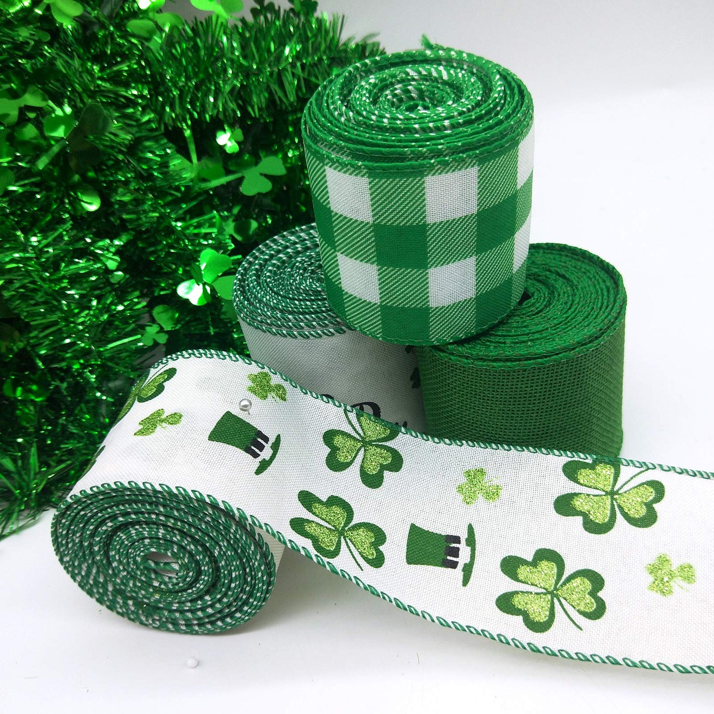 4 Rolls Shamrock Wired Edge Ribbon - 2.5''×24 Yard St Patrick's Day Green Wired Ribbon, Burlap Plaid Shamrock Fabric Craft Irish Ribbons for Gift Wrapping, Wedding Birthday Crafts Decorations