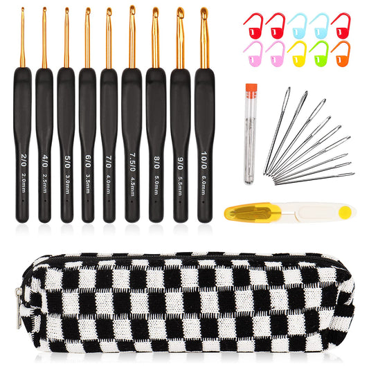 31pcs Crochet Hook Set, Black Gold Crochet Hooks Ergonomic with Grips for Arthritic Hands, Crochet Needles Set with Knitting & Crochet Supplies, Ideal Crochet Gift for Crochet Beginner Lover