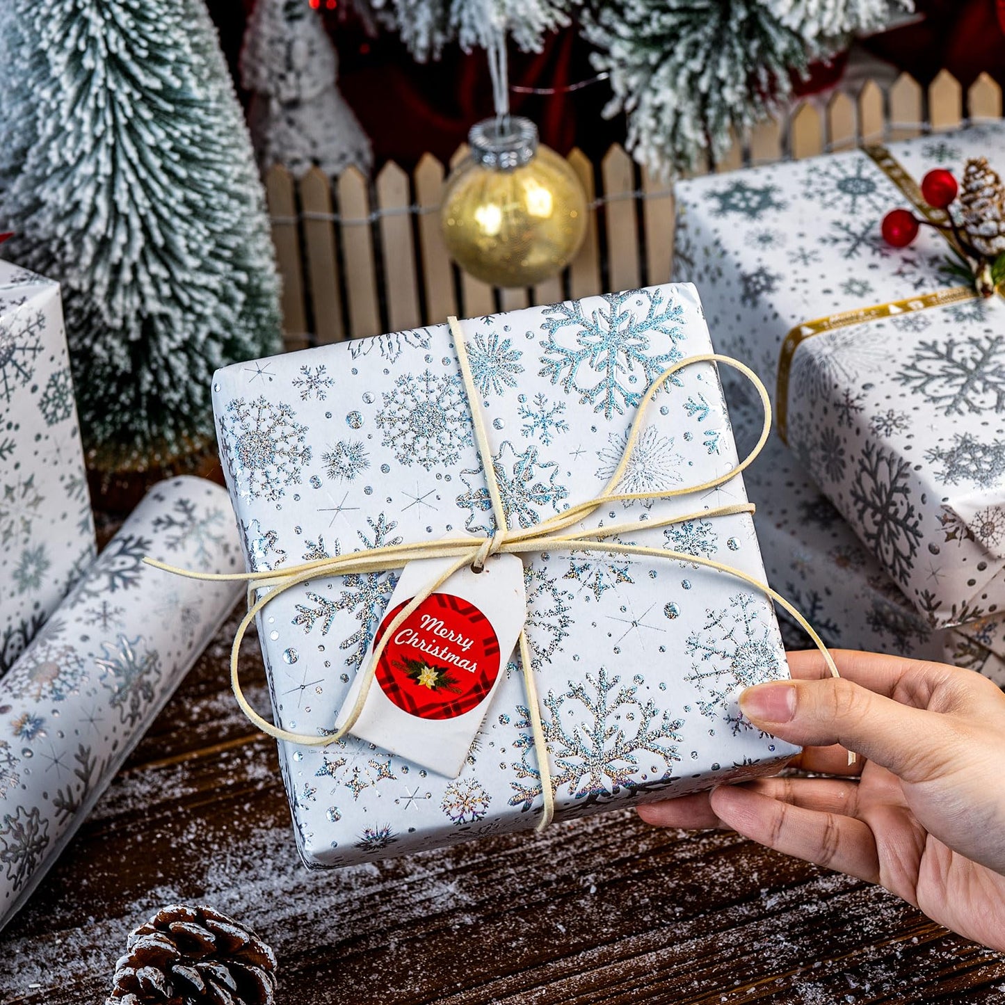 Kraft Christmas Wrapping Paper-Silver Snowflake Metallic Embossed Foil Luxury Gift Wrap Roll Design for Holiday, Party,Celebration, New Year (17 Inch X 32.8 Feet)