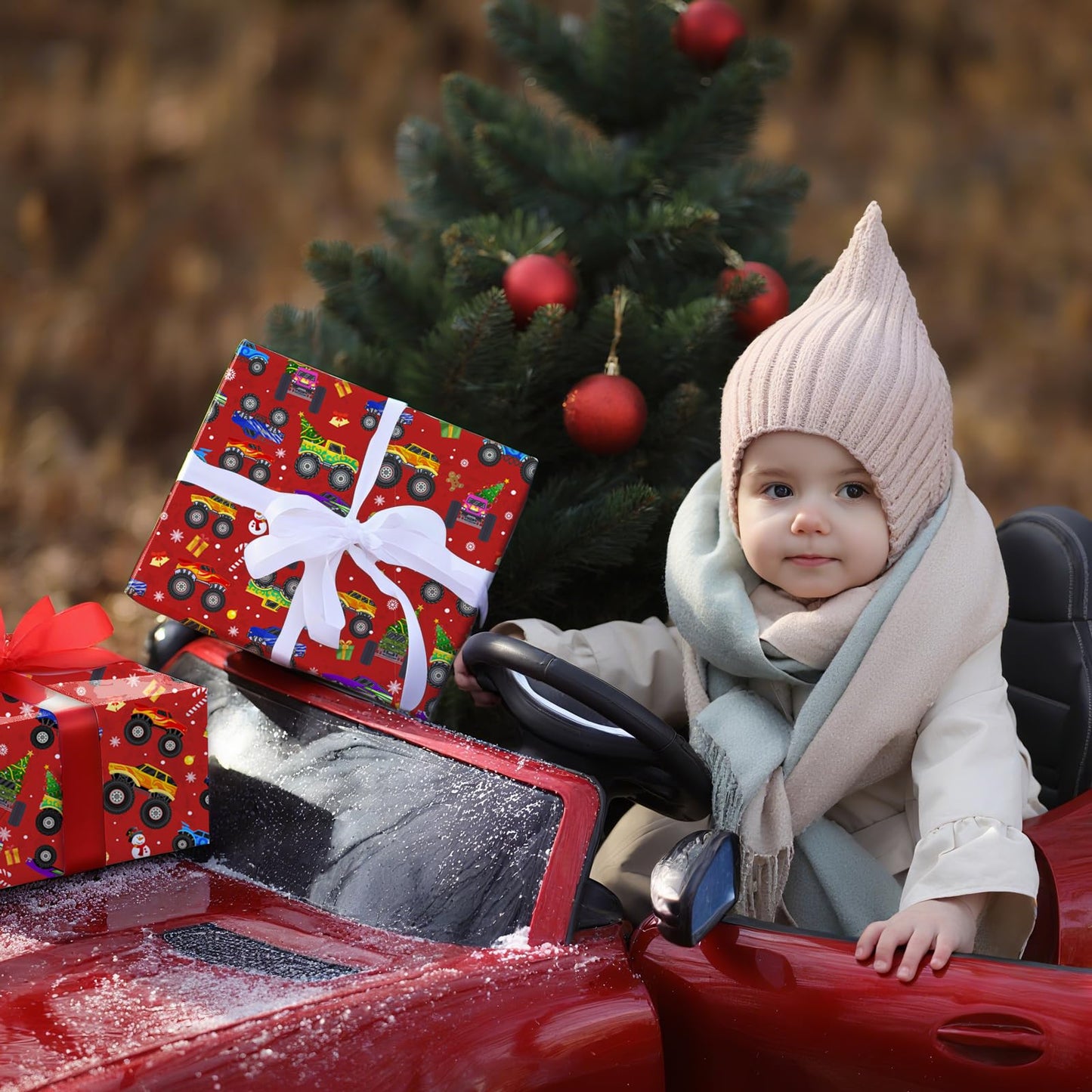 Cuitpan Red Monster Truck Christmas Wrapping Paper - Xmas Gift Wrap with Holiday Trees, Snowmen & Gingerbread Men Design - Ideal for Kids & Adults Gift Wrapping - 40×28 Inches, 4 Folded Sheets