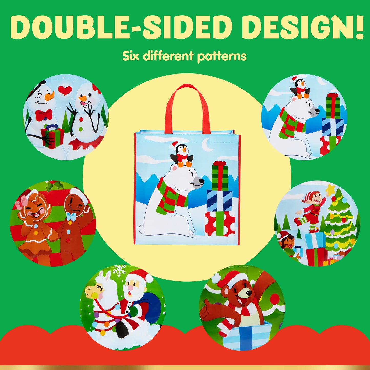 12 Christmas Extra-Large Gift Bags 13.75"x8"x14", Reusable Non-Woven Tote Bag With Handles for Xmas Wrapping Holiday Party Favors, Grocery Shopping