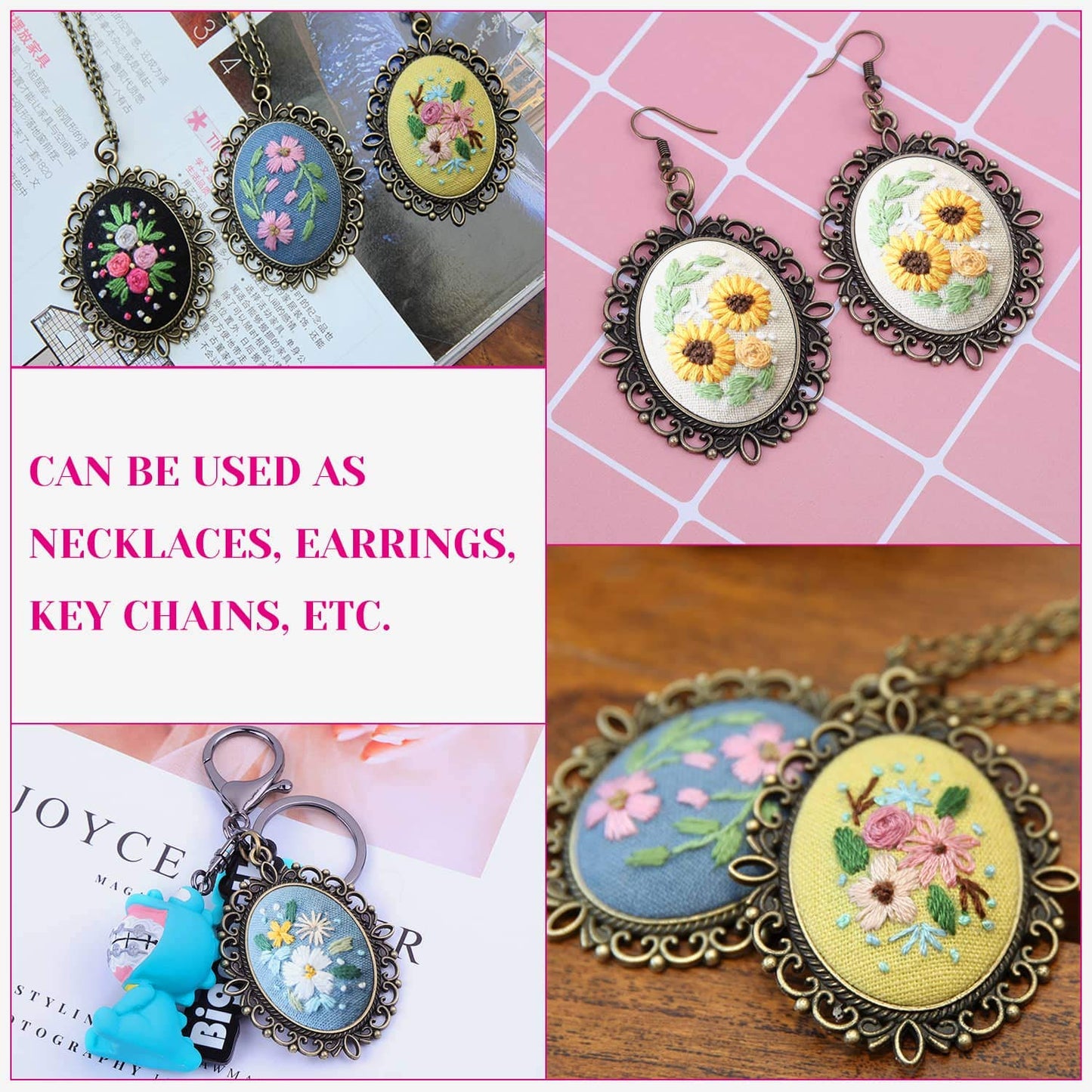 Embroidery Starter Kit - Beginner Friendly with Cross Stitch Patterns, Floral Embroidery Cloth, Pendant Trays & Hoops