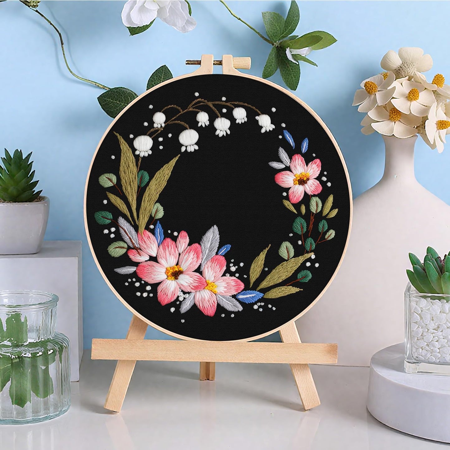 3 Sets Embroidery Kit, Floral Cross Stitch Set for Include Embroidery Cloth Hoops Threads for Craft Lover Hand Stitch (Garlands)