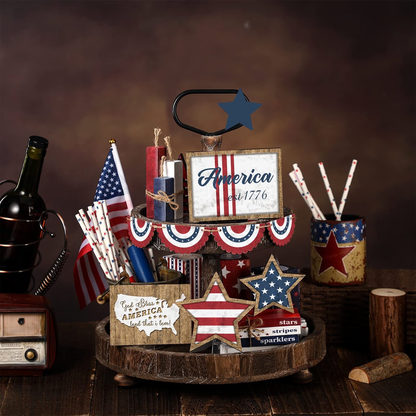 FairySandy 13 Pcs Memorial Day Decorations American 4th of July Patriotic Tiered Tray Decor Rustic 250th Anniversary Farmhouse Table Wooden Sign USA Flag Star Red White Blue for Independence Day Party