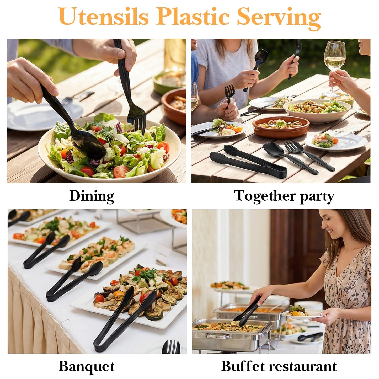 36 Pcs Disposable Serving Utensils Set, Black Plastic Utensils Including 8.3 Inch Spoons 8.5 Inches Forks 9 Inch Tongs for Buffet, Party, Restaurant, Weddings, Picnic