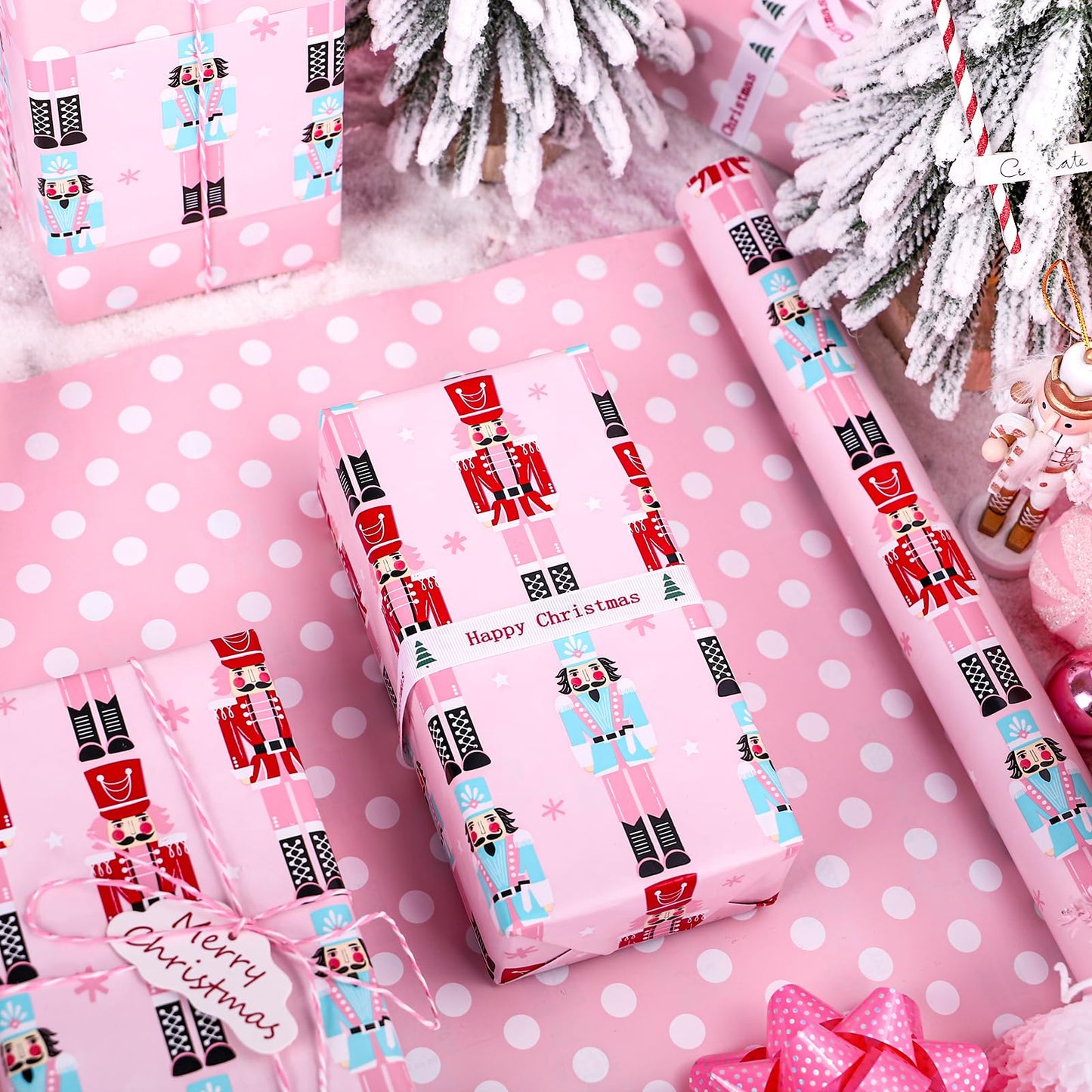 Reversible Christmas Wrapping Paper - Mini Roll - 17 Inch x 33 Feet - Pink Nutcracker Wrapping Paper and Polke Dot Design for Christmas, Holiday, Party Celebration