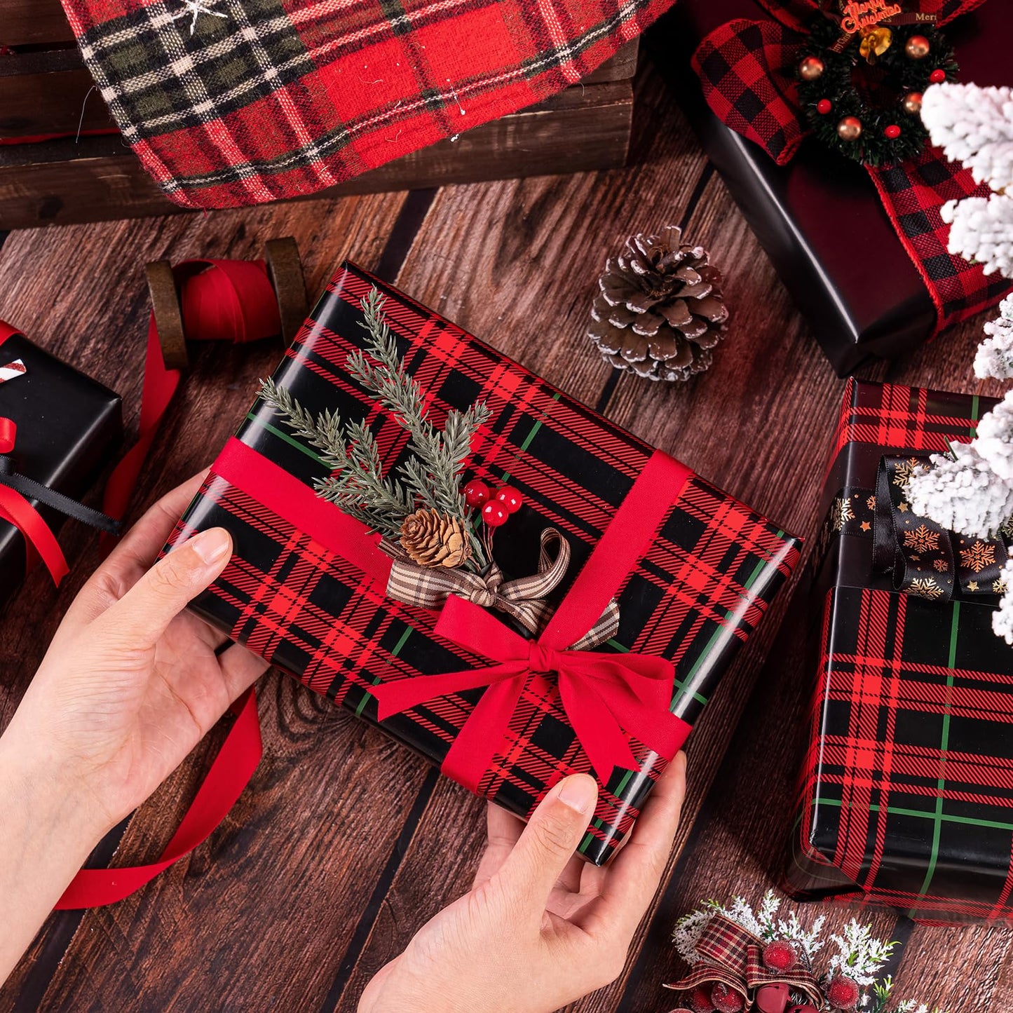 Reversible Plaid Wrapping Paper - Mini Roll - 17 Inch x 33 Feet - Red and Black Plaid Christmas Wrapping Paper for Christmas, Birthday, Baby Shower, Holiday