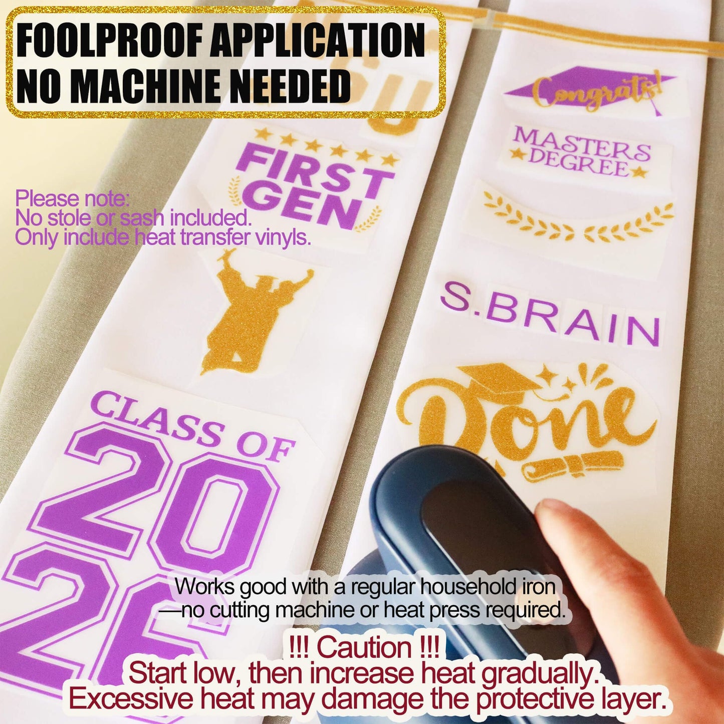 Senior College First Generation Graduation Stole Sash Class of 2026 Decorations DIY Customize Grad Stole Sash Personalized Iron-On Decals Heat Transfer Vinyl HTV Cutouts Set, Purple Gold