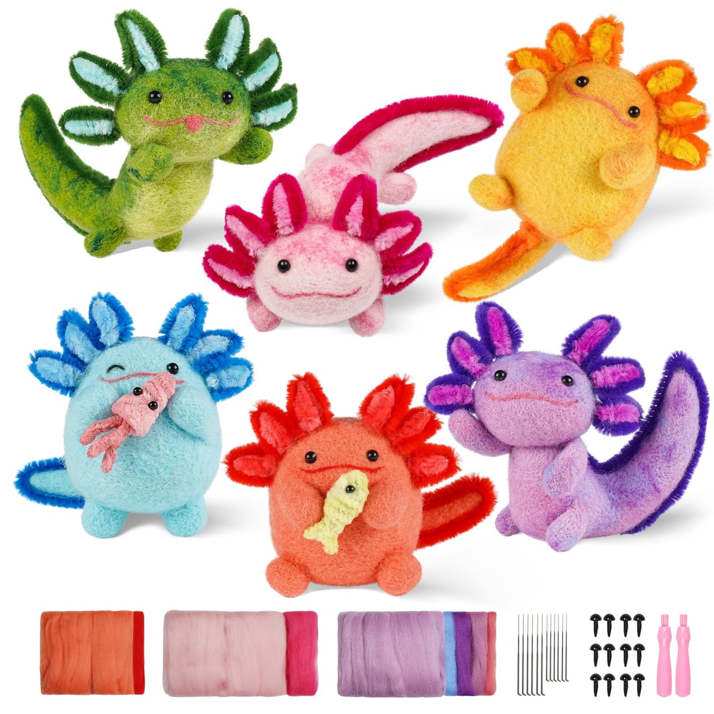 Needle Felting Kit, 6 PCS Animal Needle Felting Beginner Kits, Wool Felt Needle Felting Tools Foam Pad, Craft Party Supplies for Beginners Adult(6pack Axolotl)