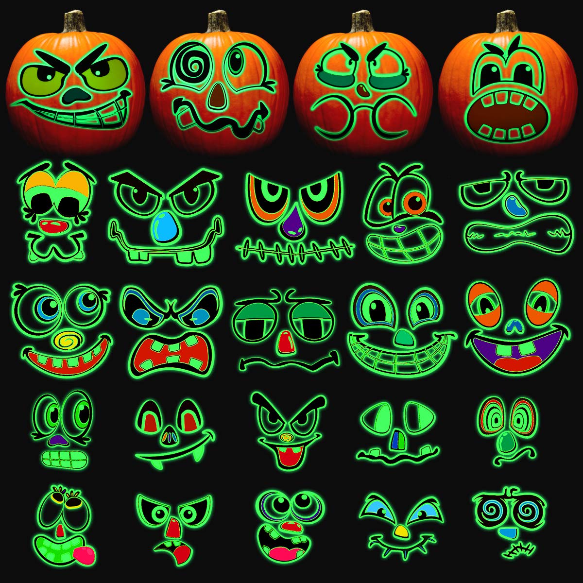Glowing Pumpkin Decorating Kits Stickers, Halloween Decorations Crafts, Wall Stickers for Autumn Party Favors - 24 Sets