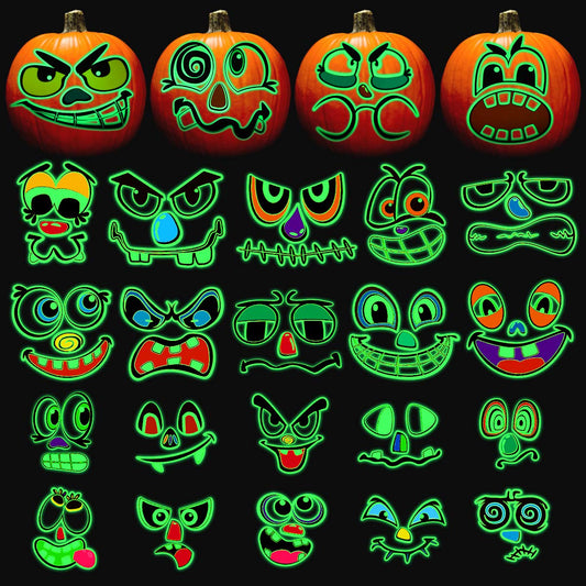 Glowing Pumpkin Decorating Kits Stickers, Halloween Decorations Crafts, Wall Stickers for Autumn Party Favors - 24 Sets