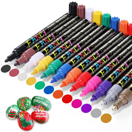 Emooqi Paint Pens, Paint Markers 12 Colors (3mm) Oil-Based Painting Pen Set for Rocks Painting Christmas Decorations Wood Plastic Canvas Glass Mugs