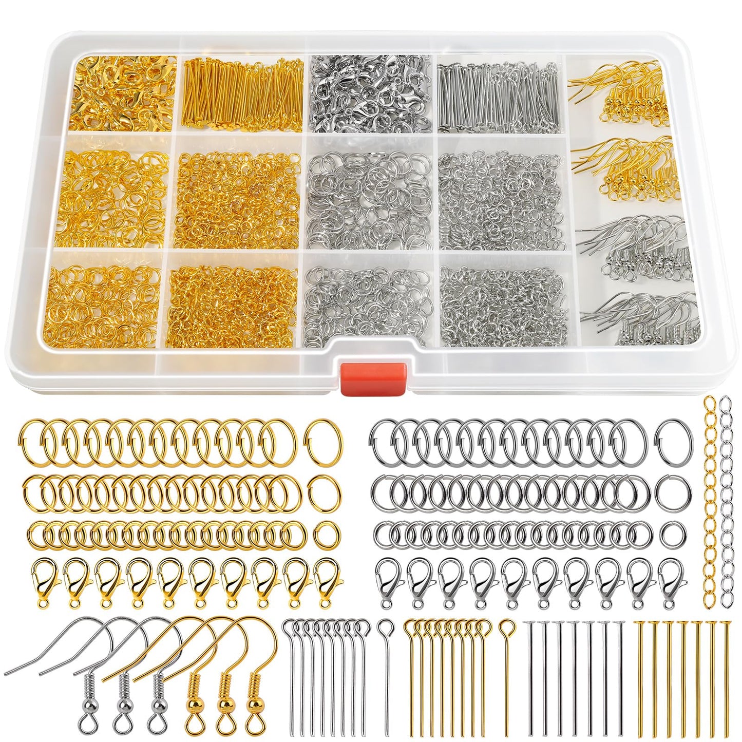 1200PCS Jewelry Making Supplies, Jump Rings for Jewelry Making, Earring Hooks Earring Findings for Jewelry Making, Silver Gold Jump Rings, Lobster Claw Clasps Necklace Extender Chain