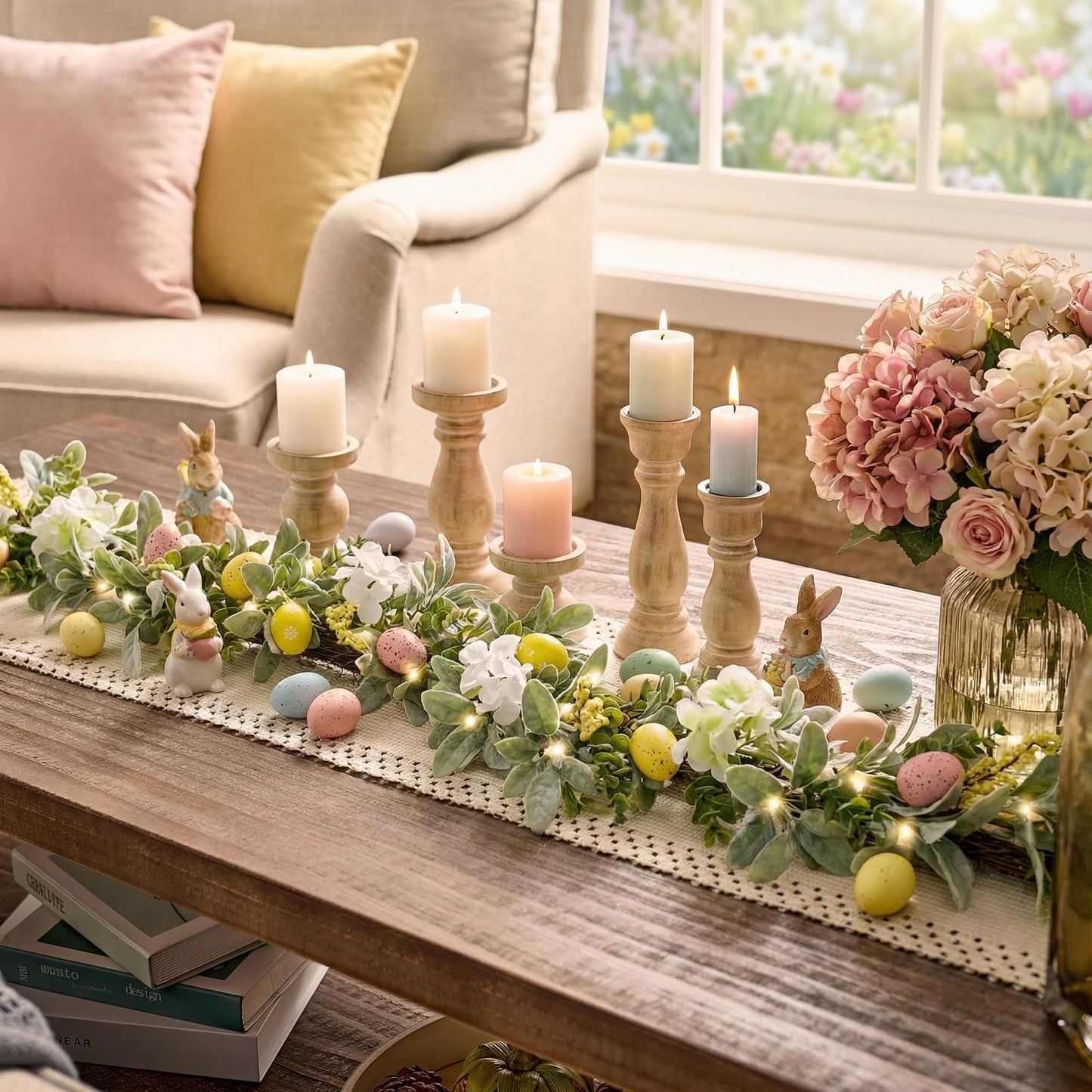 6ft Lighted Easter Garland for Mantle Fireplace, Artificial Spring Flower Garland with Pastel Eggs & Daisy Flower, Artificial Lambs Ear Greenery Farmhouse Easter Decor for Home Indoor