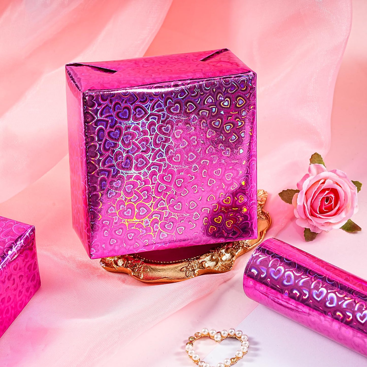 Heart Wrapping Paper Roll - Mini Roll - 17 Inch x 16.5 Feet - Hot Pink Little Heart Metallic Holographic Wrapping Paper for Valentines Day, Birthday, Wedding, Baby Shower, Bridal Shower