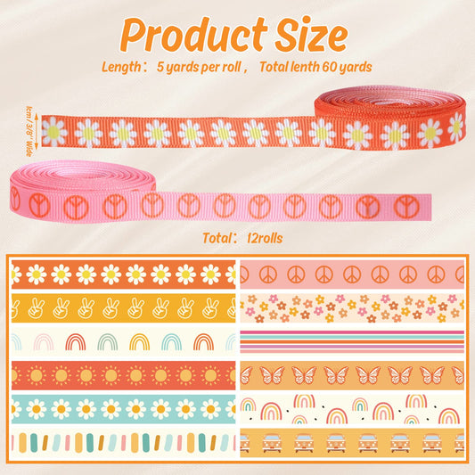 12 Rolls Groovy Retro Hippie Boho Ribbon Rainbow Butterfly Daisy Flower Craft Ribbon 60 Yards 3/8 Inch Printed Grosgrain Fabric Ribbon for Wreath Bow Making DIY Crafts Wrapping