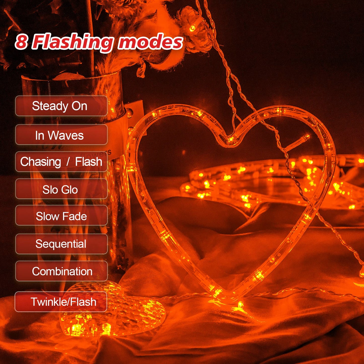 Valentines Decorations, Red Heart-Shaped 138 LEDs 12 Hearts String Lights Plug in with Remote, 8 Flashing Modes and Timer Function Window Curtain Light for Valentines Decorations