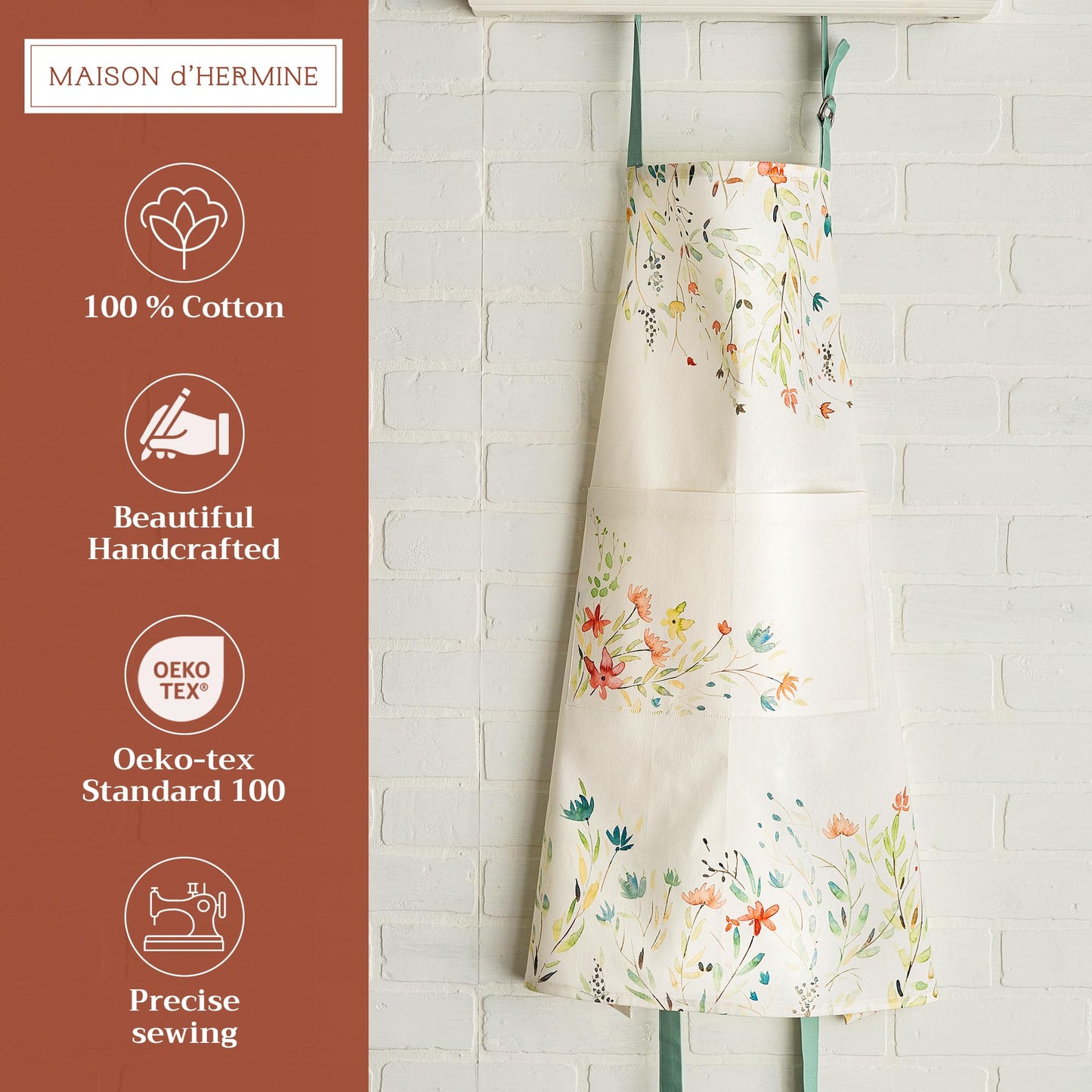 Apron for women with Pocket 100% Cotton 27.50"x31.50" 1 Piece Adjustable Neck Strap & long ties Apron Men, Chef, Wedding, Cooking, Gardening, Server Spring/Summer (Colmar)