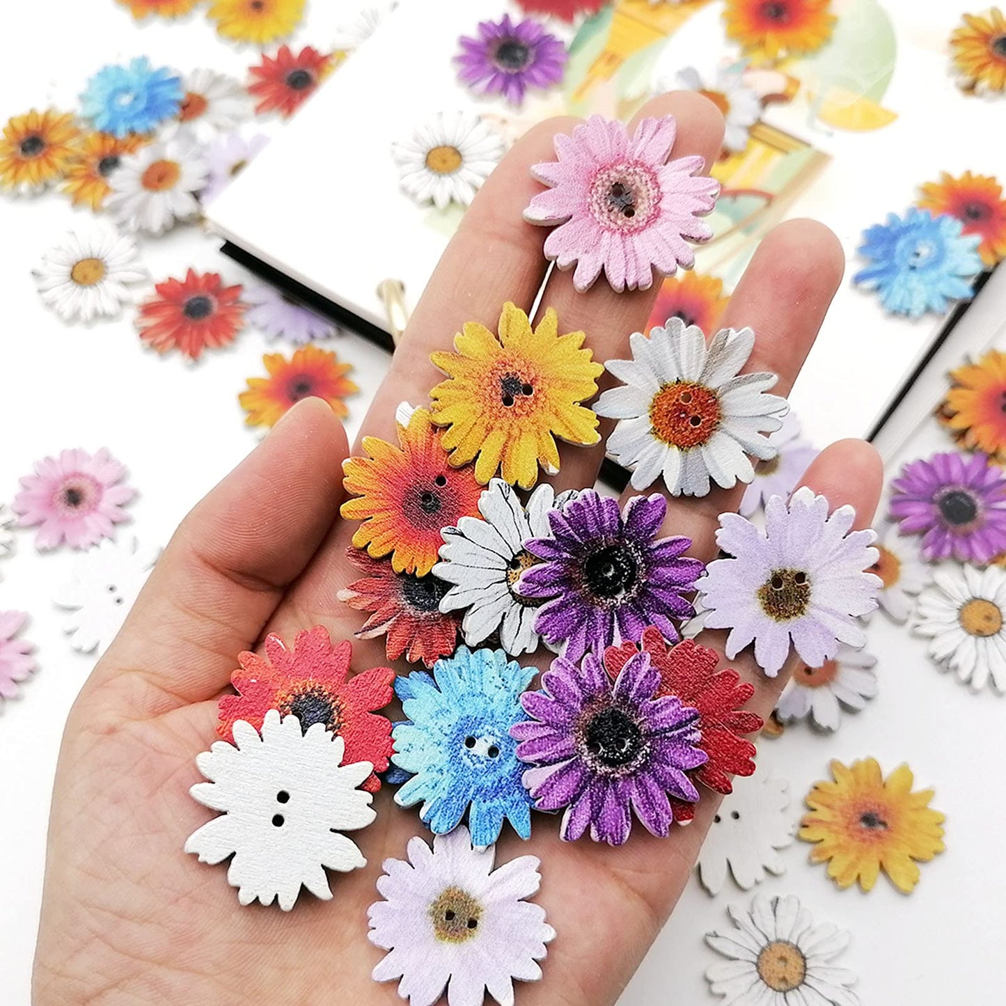 Alfykym 100Pcs Wood Daisy Buttons Painted Wooden Flower Buttons for Crafts Sunflower Wood Buttons 2 Holes Flatback Flower shaped Buttons