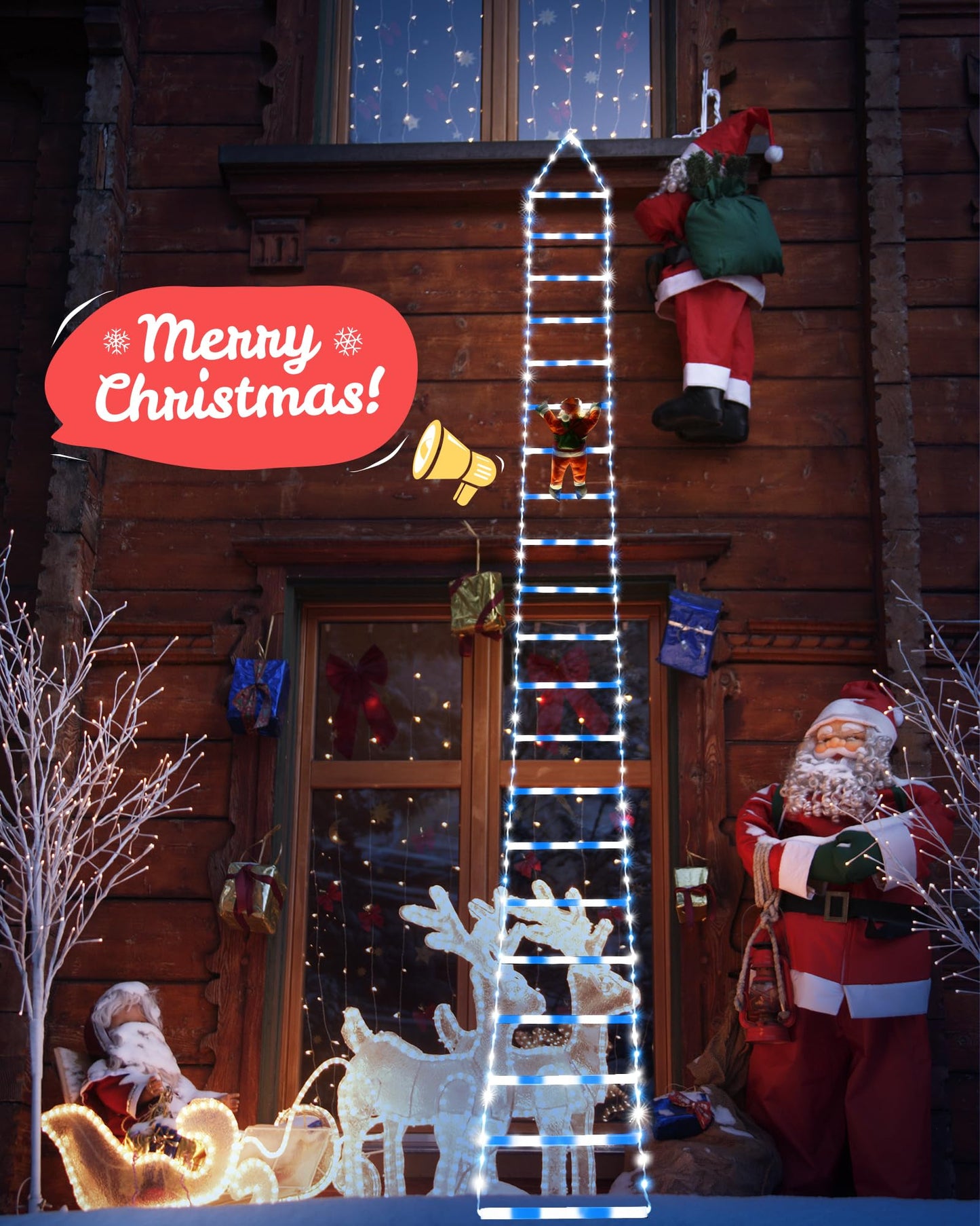 LED Christmas Lights - 10ft Christmas Decorative Ladder Lights with Santa Claus, Xmas Decorations Light for Indoor Outdoor, Window, Garden, Home, Wall, Xmas Tree Decor - White & Blue