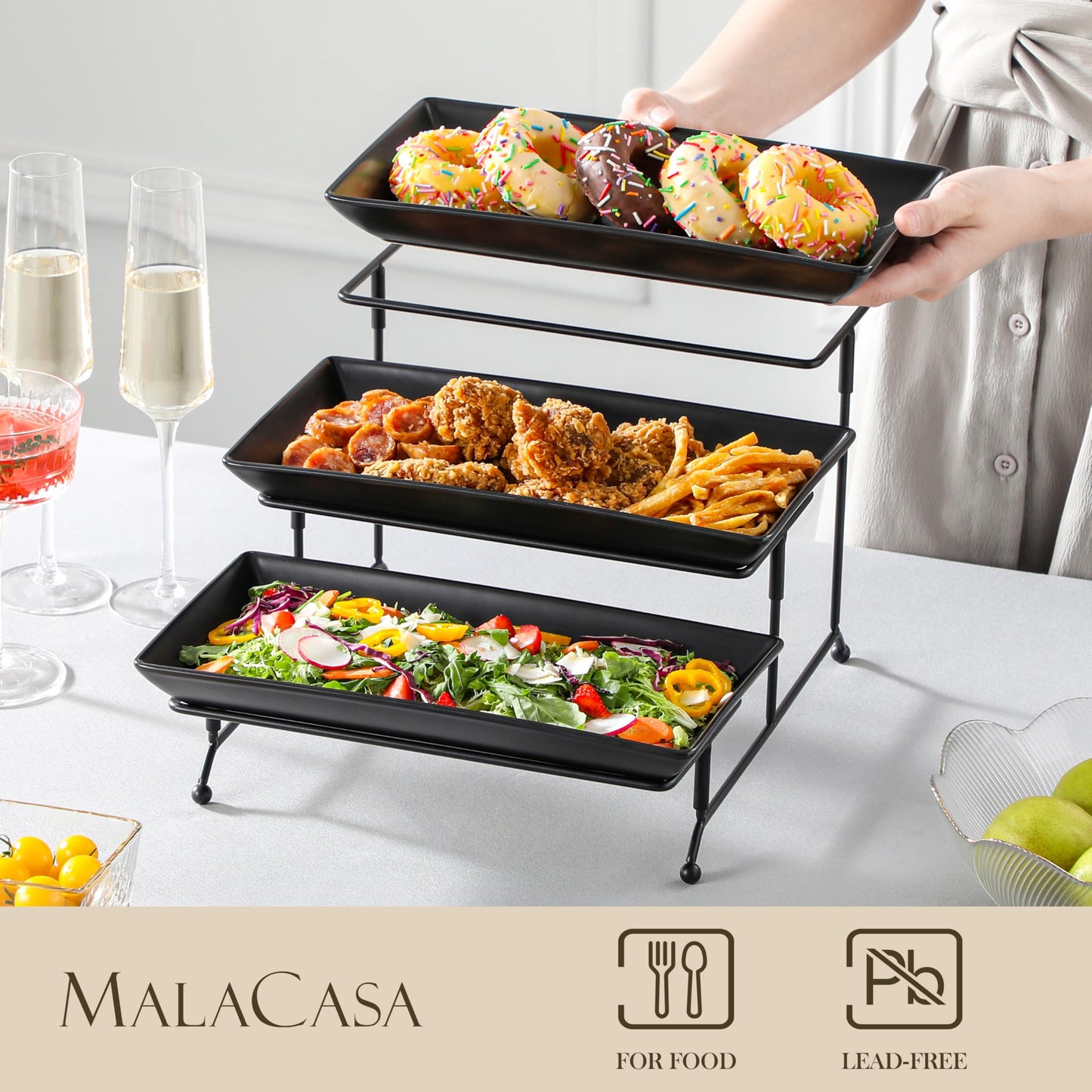 3 Tier Serving Tray, Porcelain Tiered Serving Trays Platters, 12 Inch Serving Stand with Platters,Black Dessert Stand with Collapsible Sturdier Metal Rack,Series PLAT