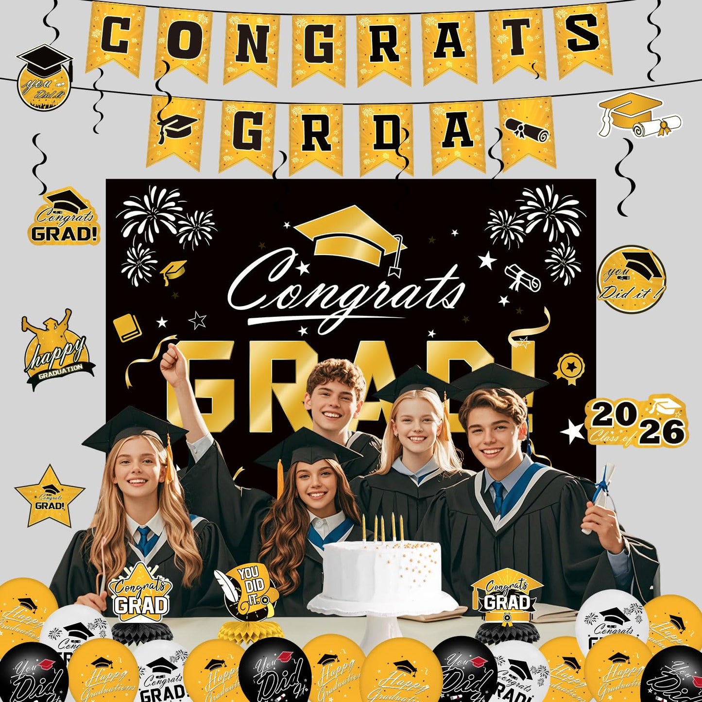 Graduation Decorations 2026 Set - Gold Themed Congrats Grad Banner, Backdrop, Hanging Swirls, Balloons - Complete Party Supplies for High School, College Graduation Decorations
