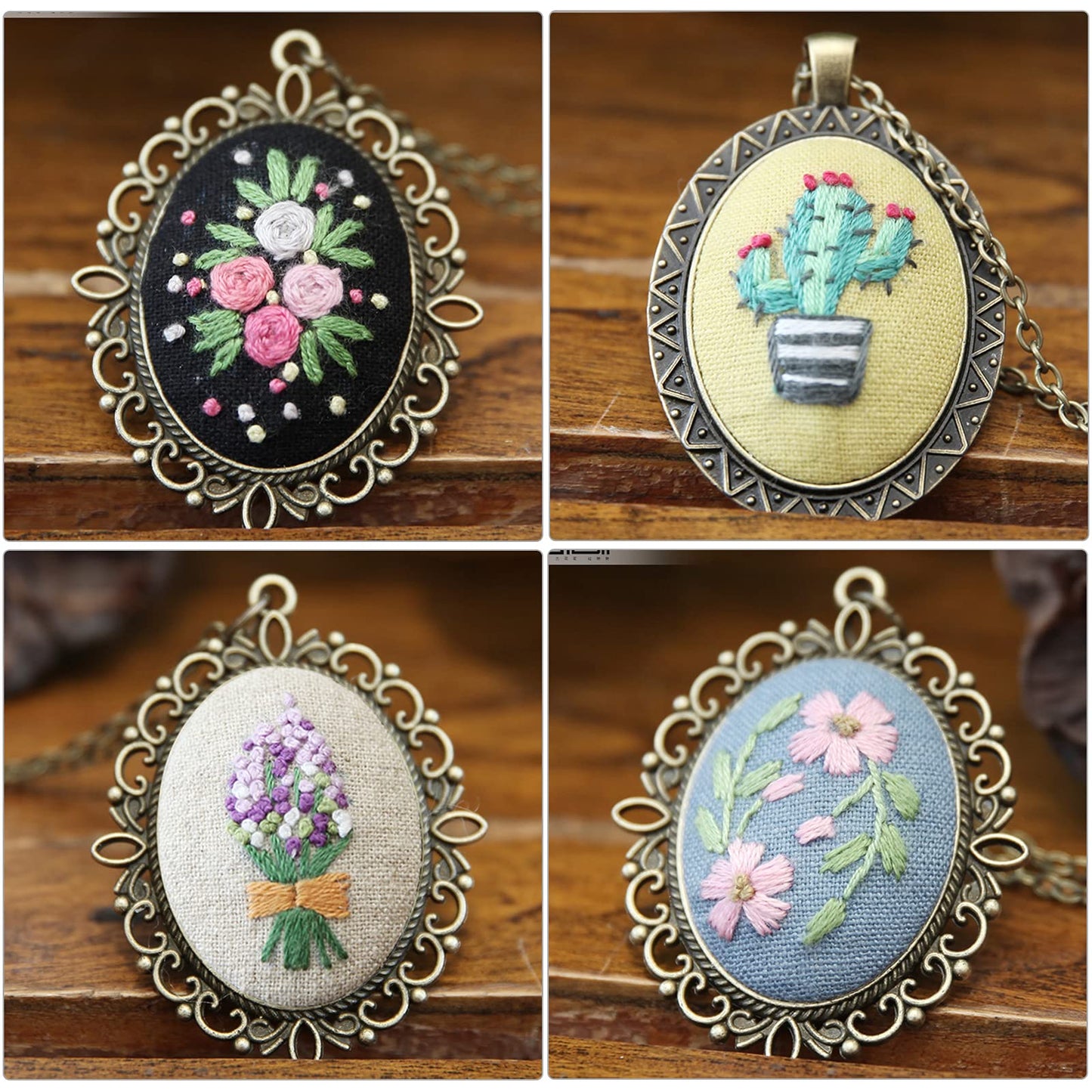 ZOCONE 4 Packs Embroidery Necklace Kits, Embroidery Pendant Kit Mini Cross Stitch Kit with Hoop, Necklace, Pendant, Stamped Pattern Cloth, Instructions, etc. Embroidery Kits for Adults