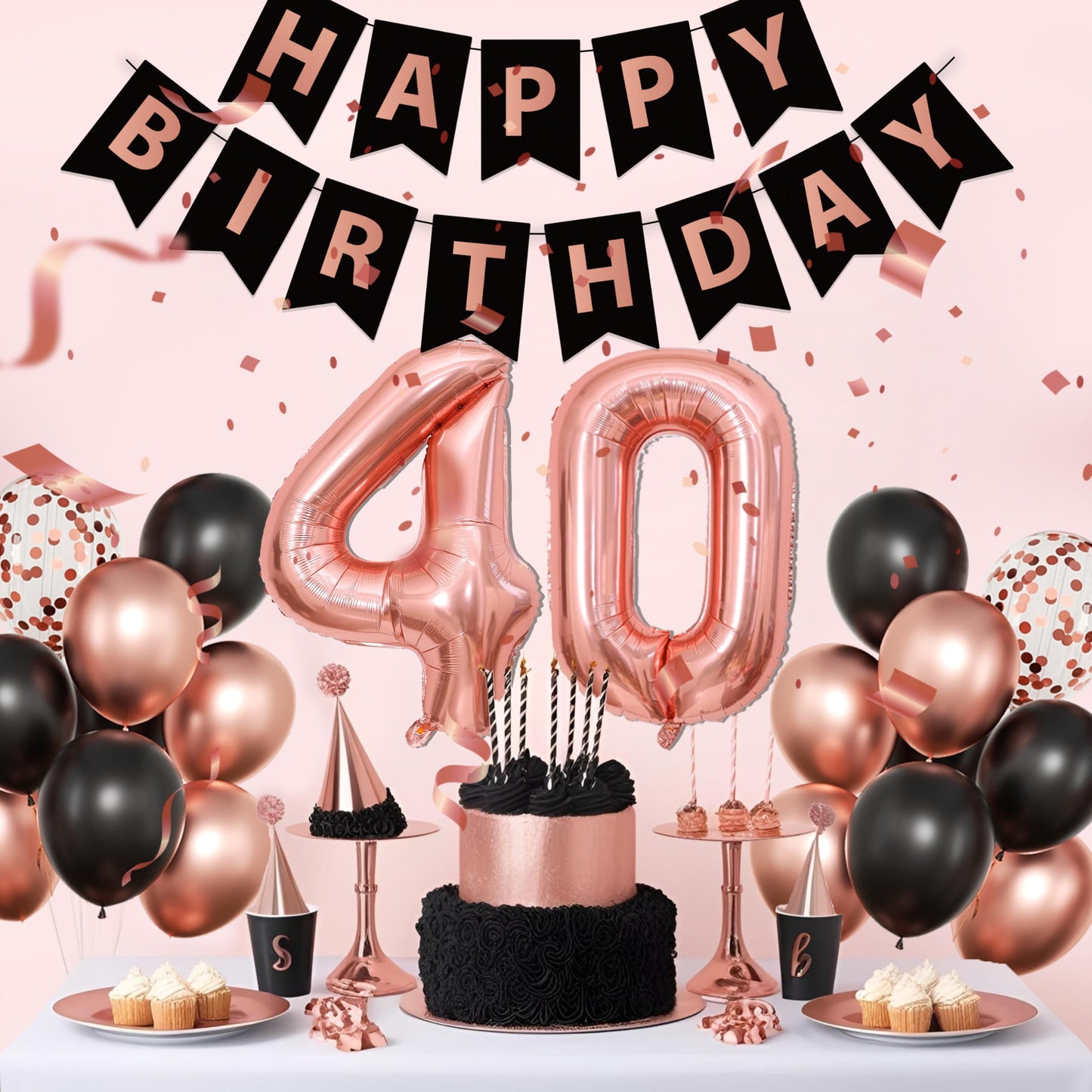 Rose Gold 40th Birthday Decorations for Women - Fabulous 40 Birthday Party Supplies Include 3pcs Balloon Boxes, Number 40 Foil Balloons, Fringe Curtains, Black Pink Garland Arch Kit - Photo Backdrop