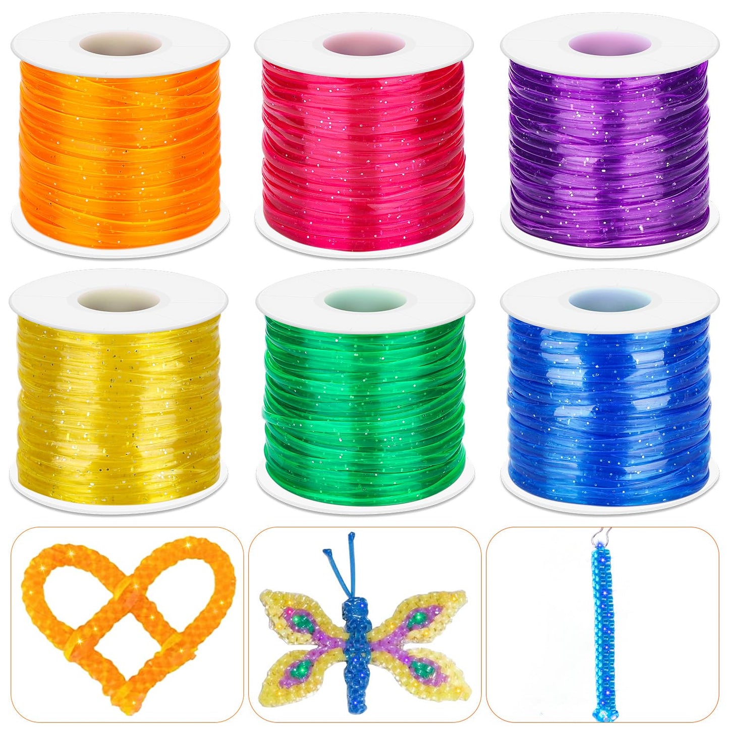 Cridoz 6 Pack Lanyard String Kit, Plastic Lacing Cord Gimp String Lanyard Weaving Kit for Boondoggle, Bracelets, Keychains, Crafts (Glitter)